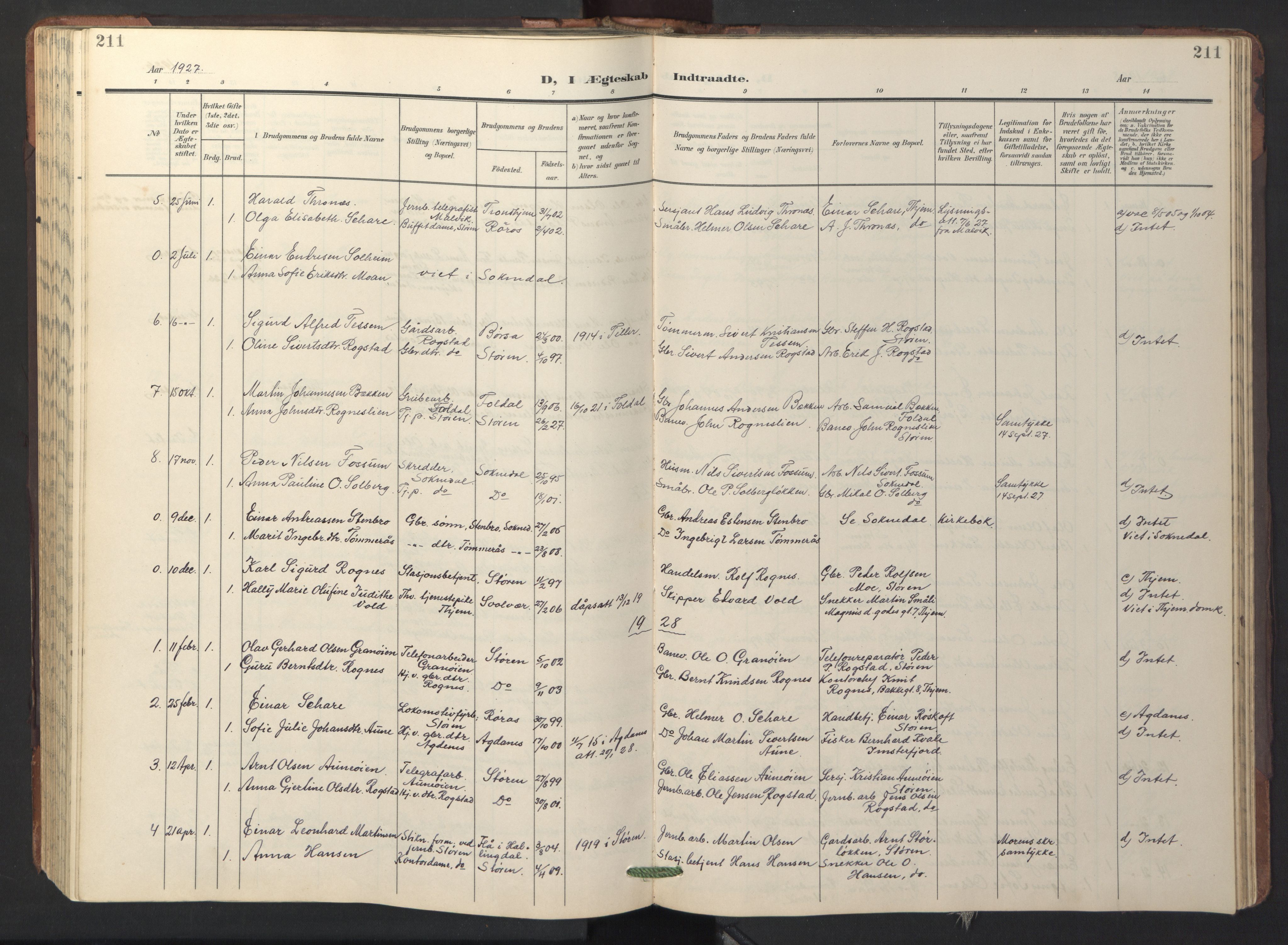 Ministerialprotokoller, klokkerbøker og fødselsregistre - Sør-Trøndelag, SAT/A-1456/687/L1019: Parish register (copy) no. 687C03, 1904-1931, p. 211