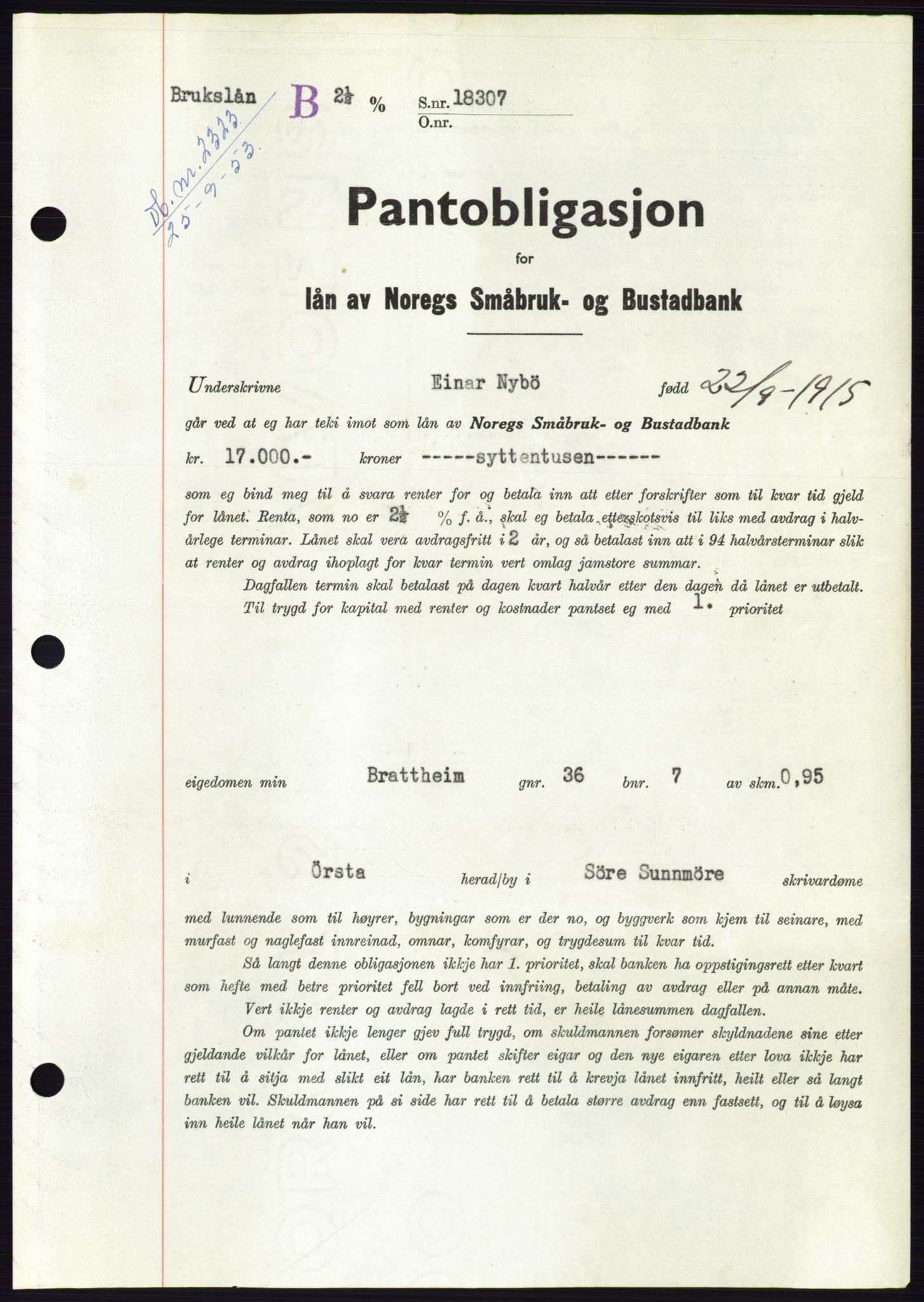 Søre Sunnmøre sorenskriveri, AV/SAT-A-4122/1/2/2C/L0124: Mortgage book no. 12B, 1953-1954, Diary no: : 2323/1953