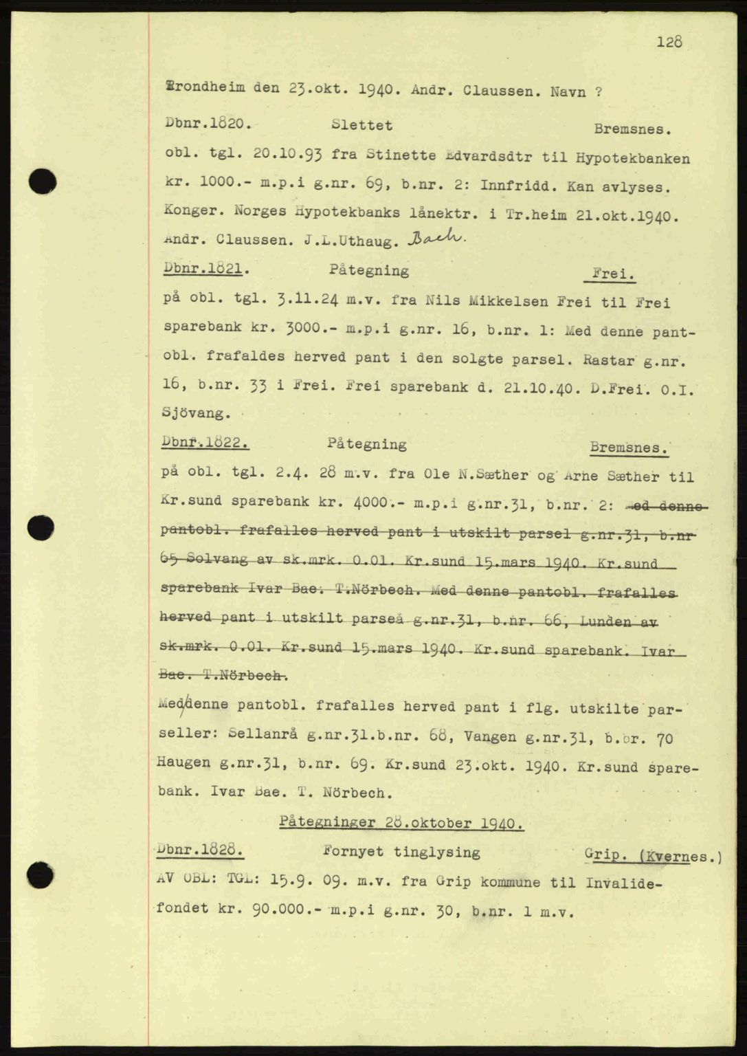 Nordmøre sorenskriveri, AV/SAT-A-4132/1/2/2Ca: Mortgage book no. C81, 1940-1945, Diary no: : 1820/1940