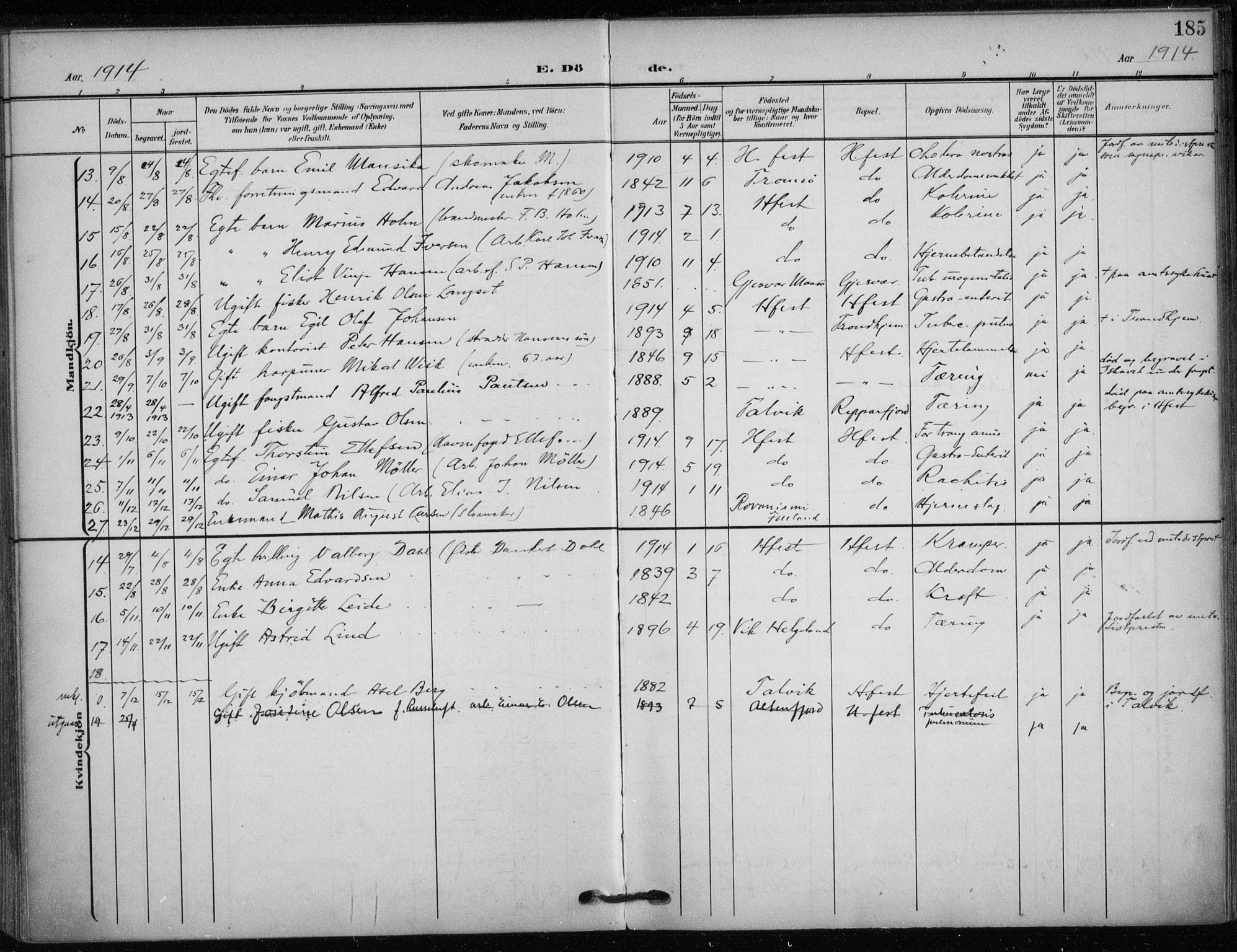 Hammerfest sokneprestkontor, SATØ/S-1347/H/Ha/L0014.kirke: Parish register (official) no. 14, 1906-1916, p. 185