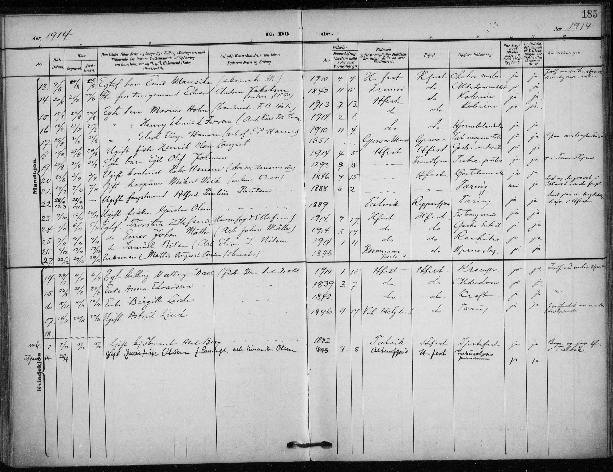 Hammerfest sokneprestkontor, AV/SATØ-S-1347/H/Ha/L0014.kirke: Parish register (official) no. 14, 1906-1916, p. 185