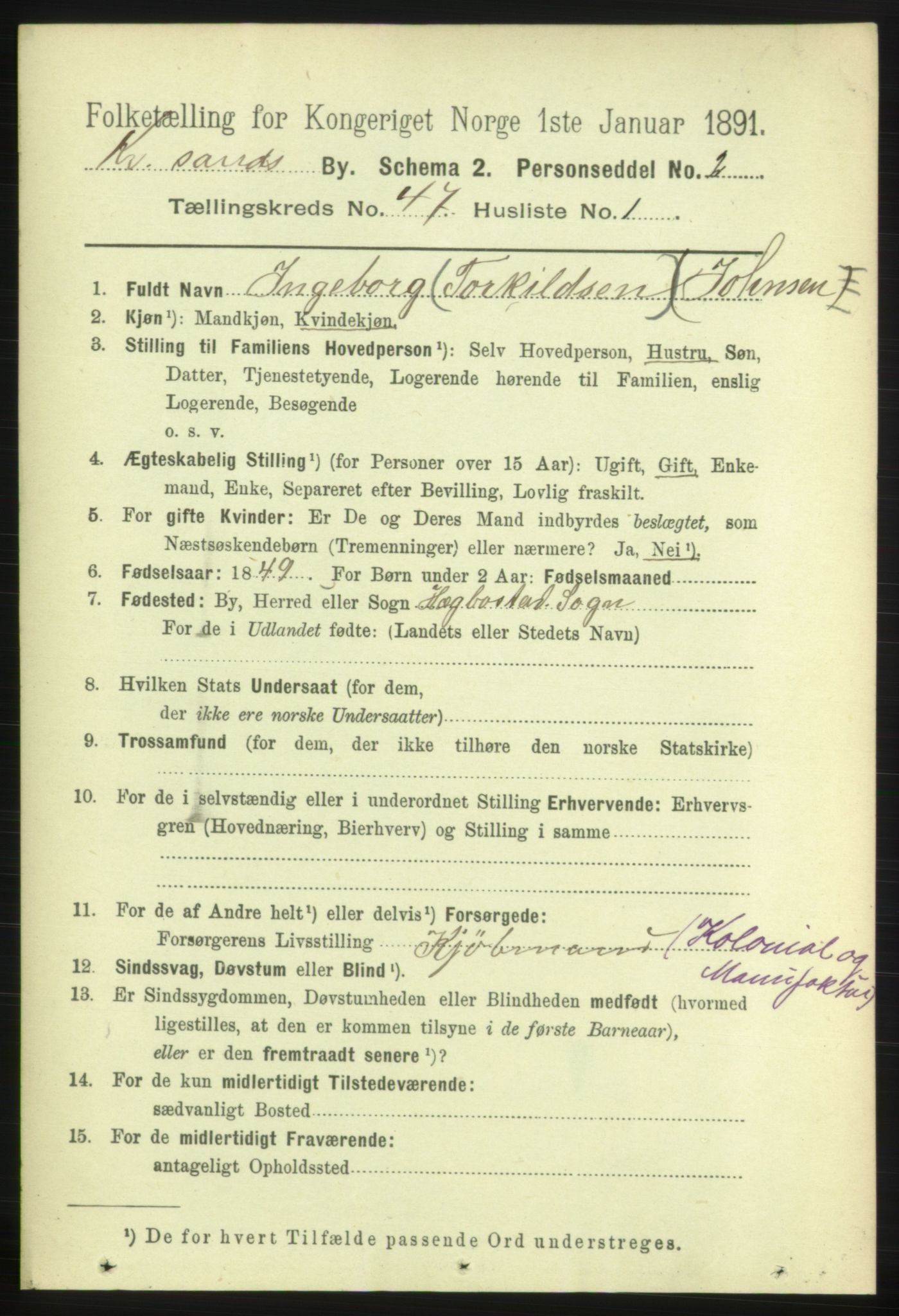 RA, 1891 census for 1001 Kristiansand, 1891, p. 14584