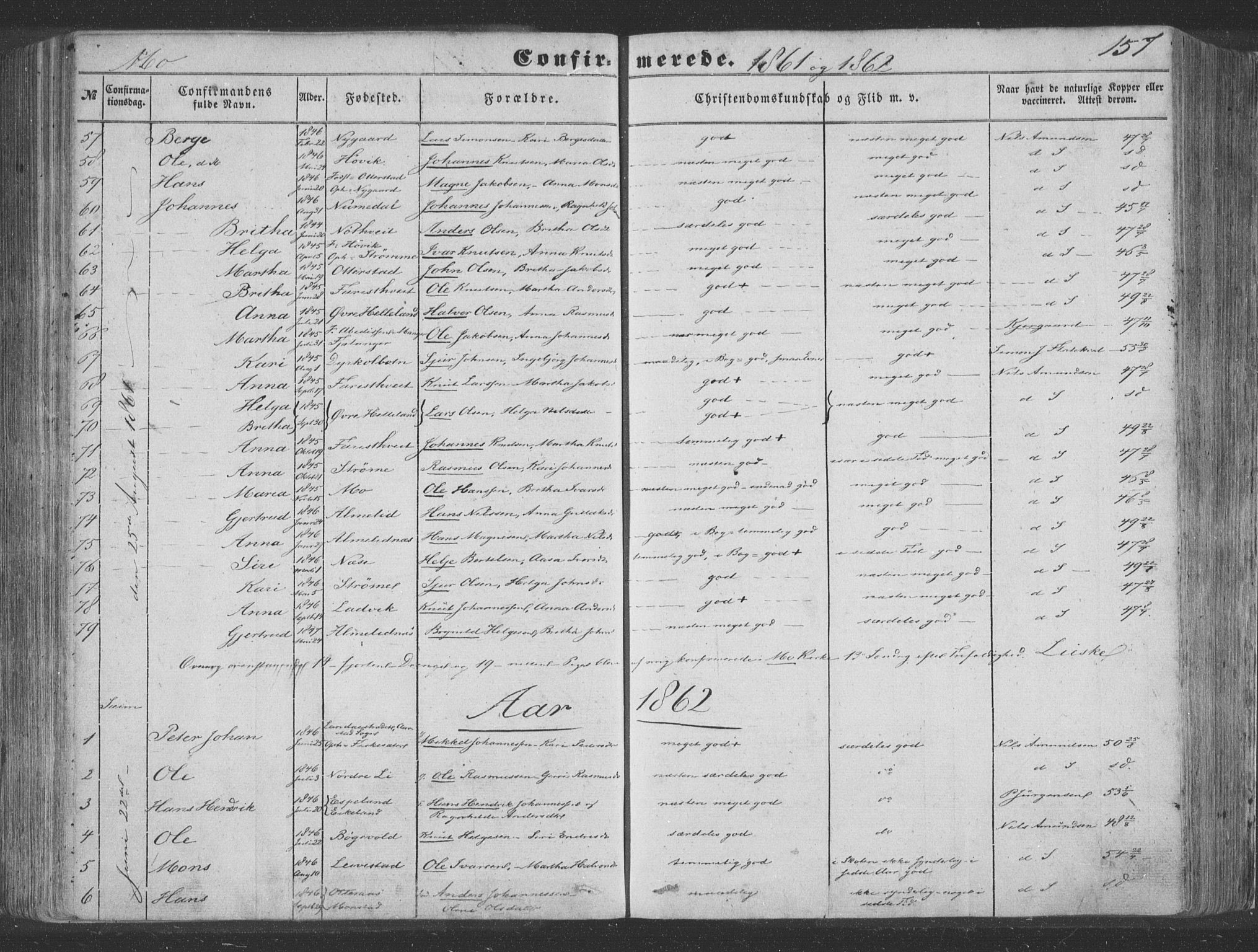 Hosanger sokneprestembete, SAB/A-75801/H/Haa: Parish register (official) no. A 8, 1849-1863, p. 157