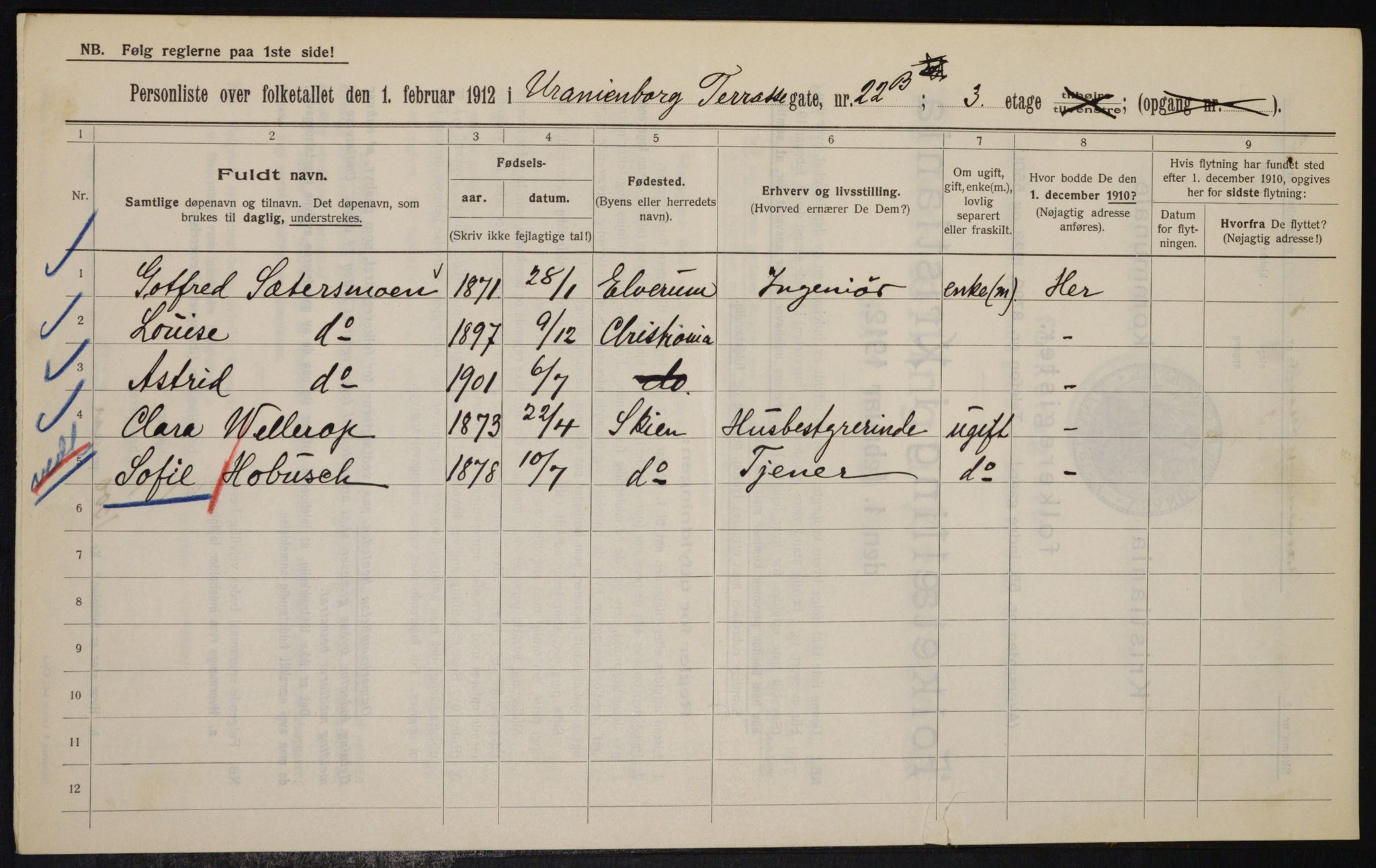 OBA, Municipal Census 1912 for Kristiania, 1912, p. 120332