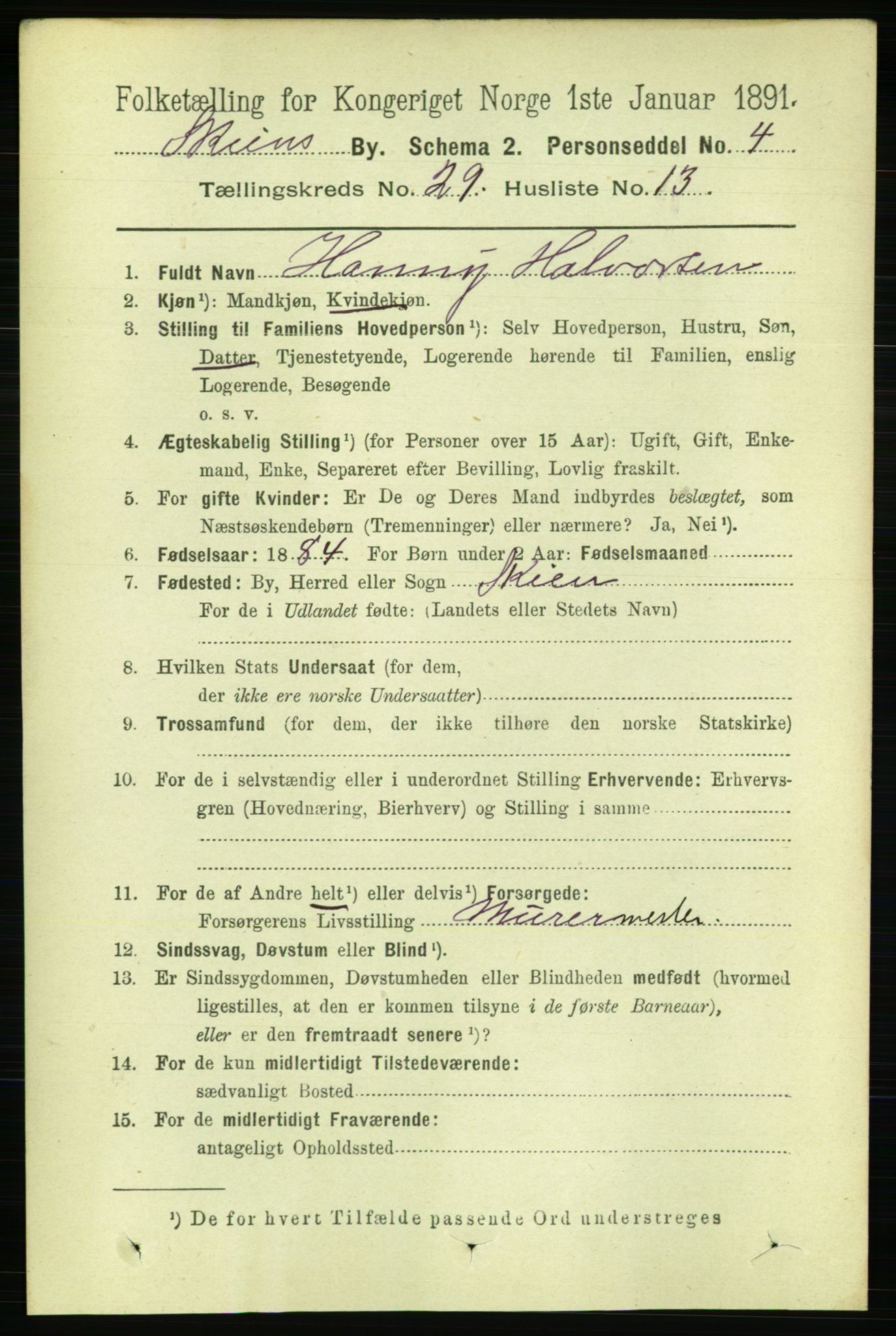 RA, 1891 census for 0806 Skien, 1891, p. 6806