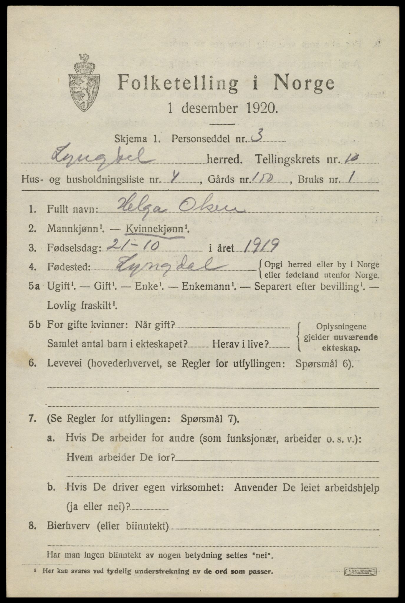 SAK, 1920 census for Lyngdal, 1920, p. 4893