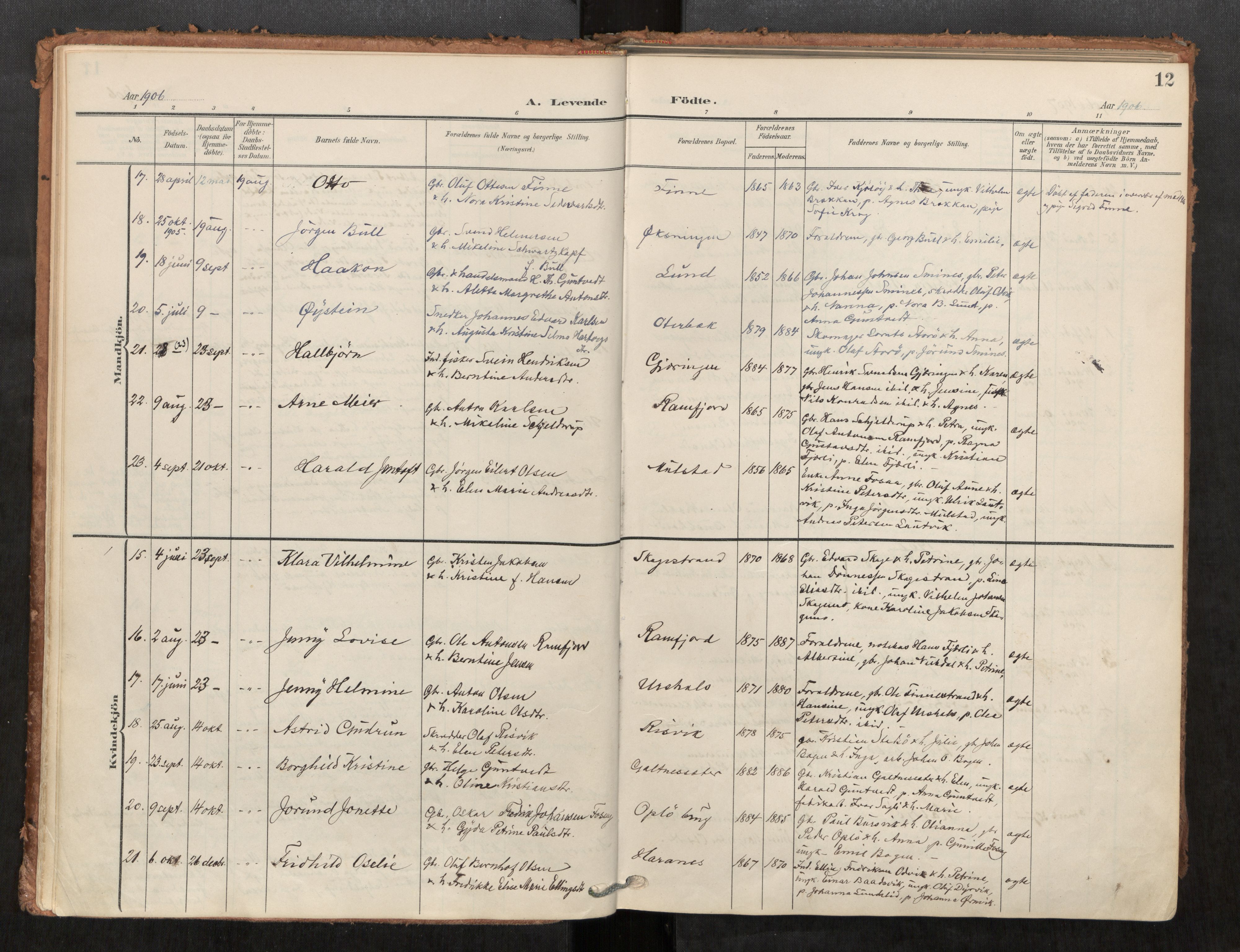 Kolvereid sokneprestkontor, SAT/A-1171/H/Ha/Haa/L0001: Parish register (official) no. 1, 1903-1922, p. 12