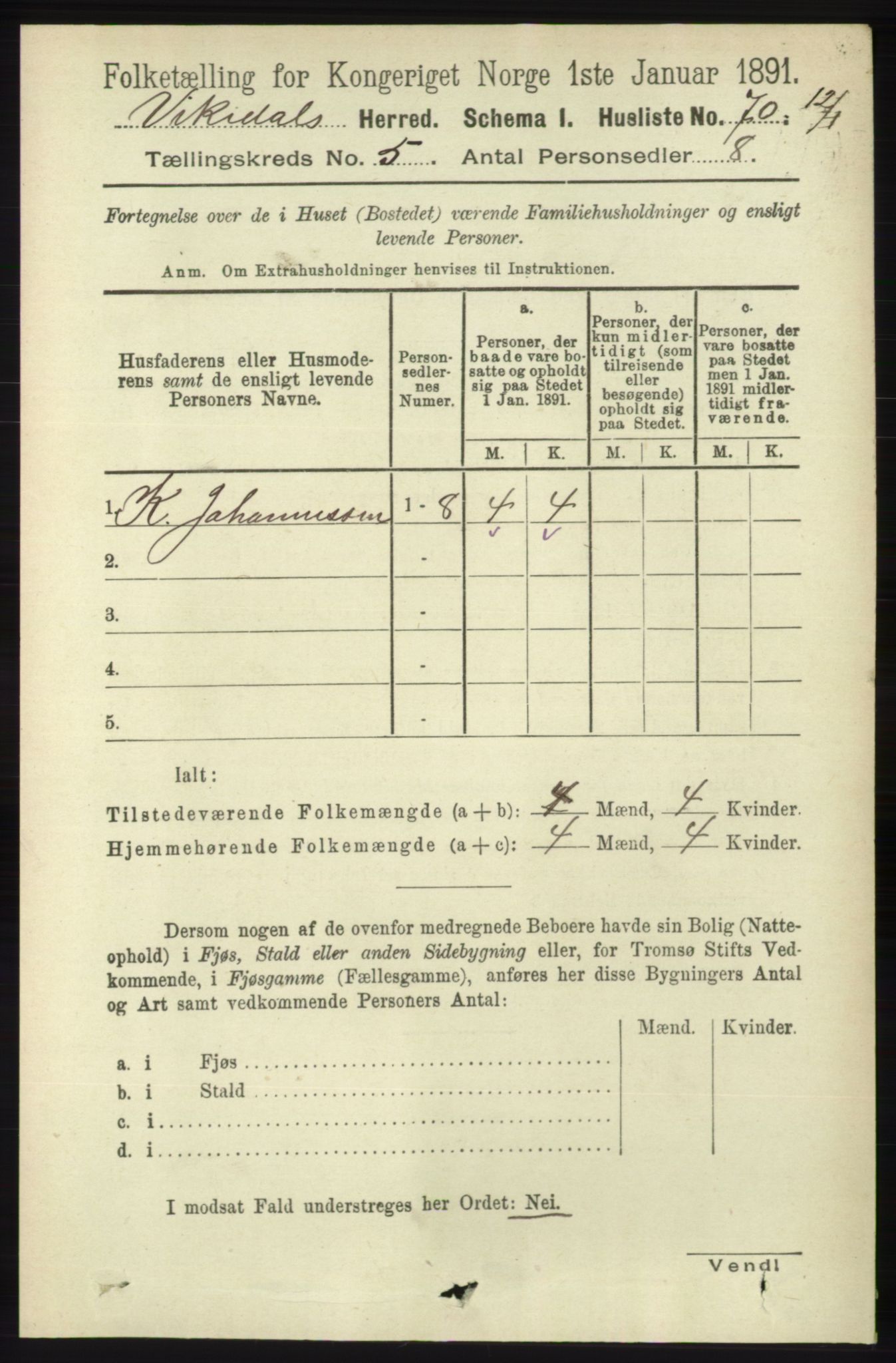 RA, 1891 census for 1157 Vikedal, 1891, p. 1153