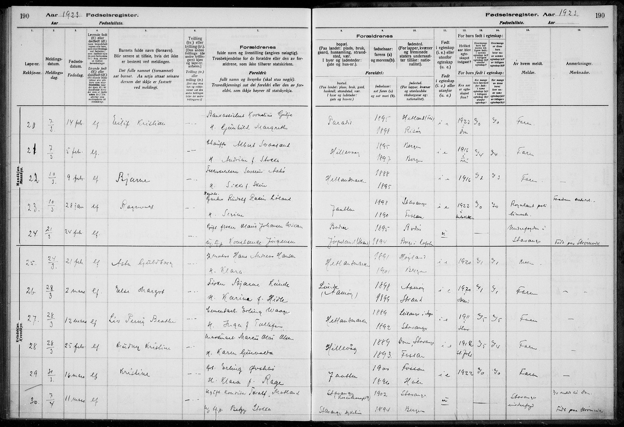 Hetland sokneprestkontor, AV/SAST-A-101826/70/704BA/L0003: Birth register no. 1, 1916-1923, p. 190