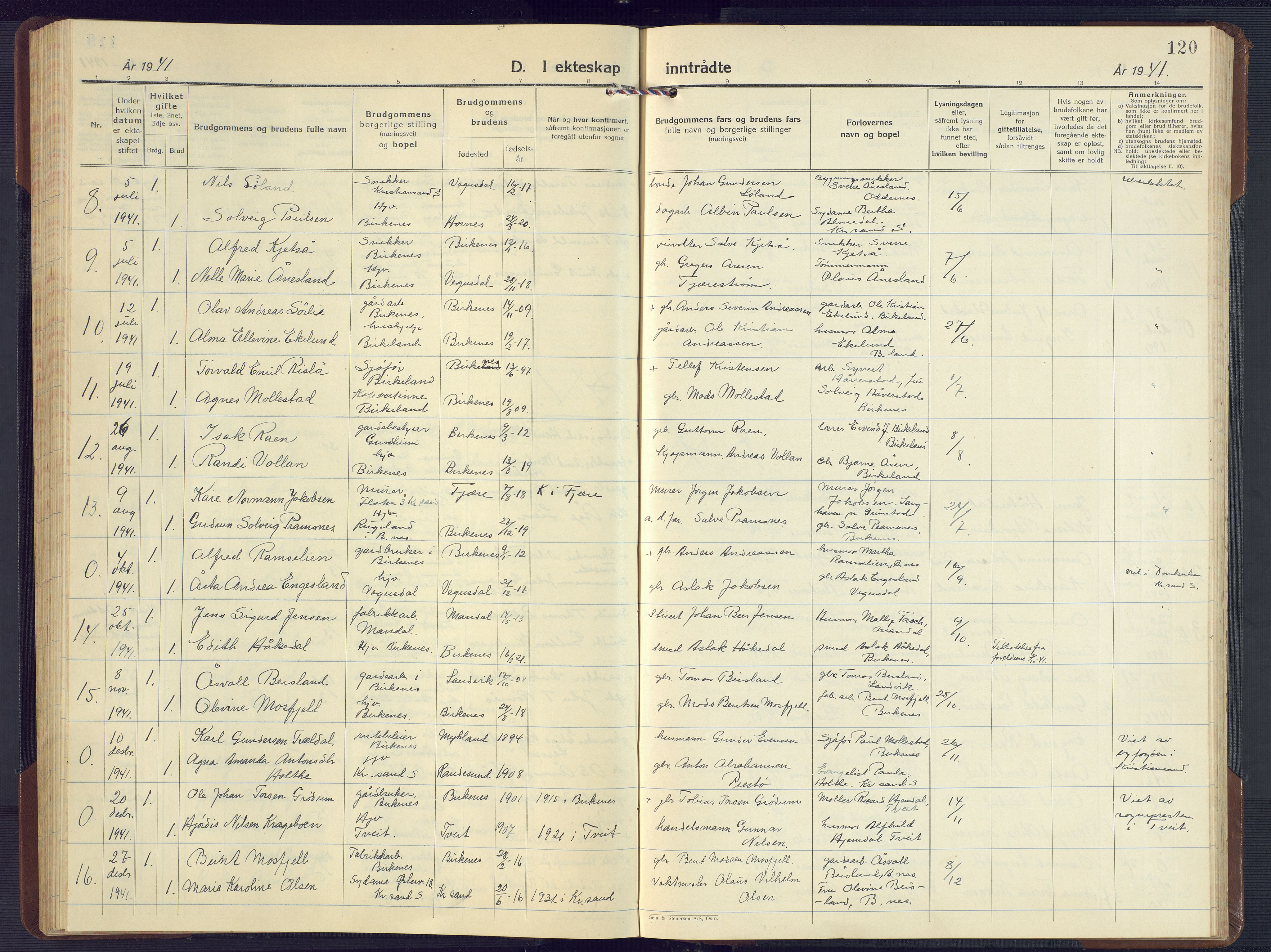 Birkenes sokneprestkontor, SAK/1111-0004/F/Fb/L0005: Parish register (copy) no. B 5, 1930-1957, p. 120
