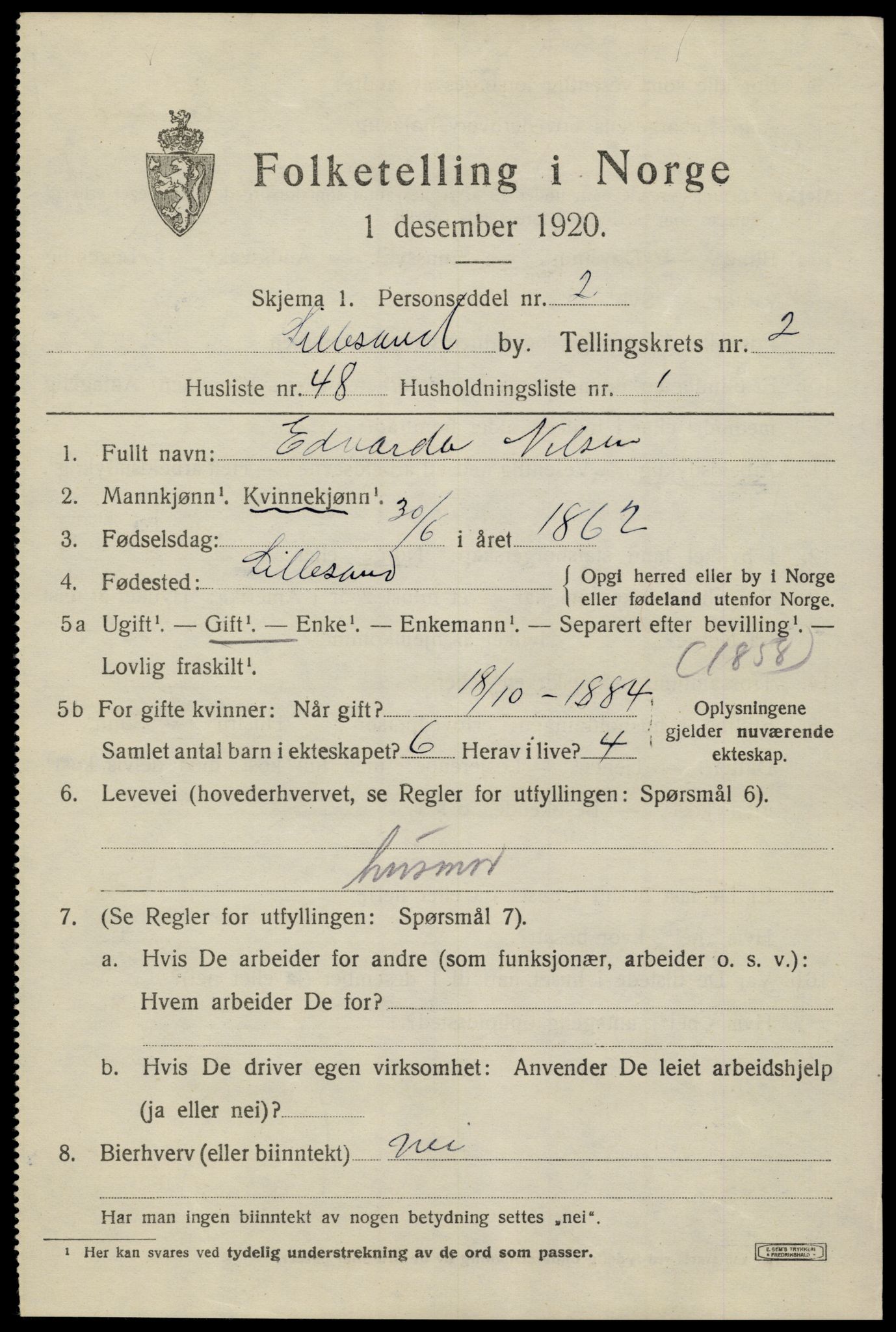 SAK, 1920 census for Lillesand, 1920, p. 2909