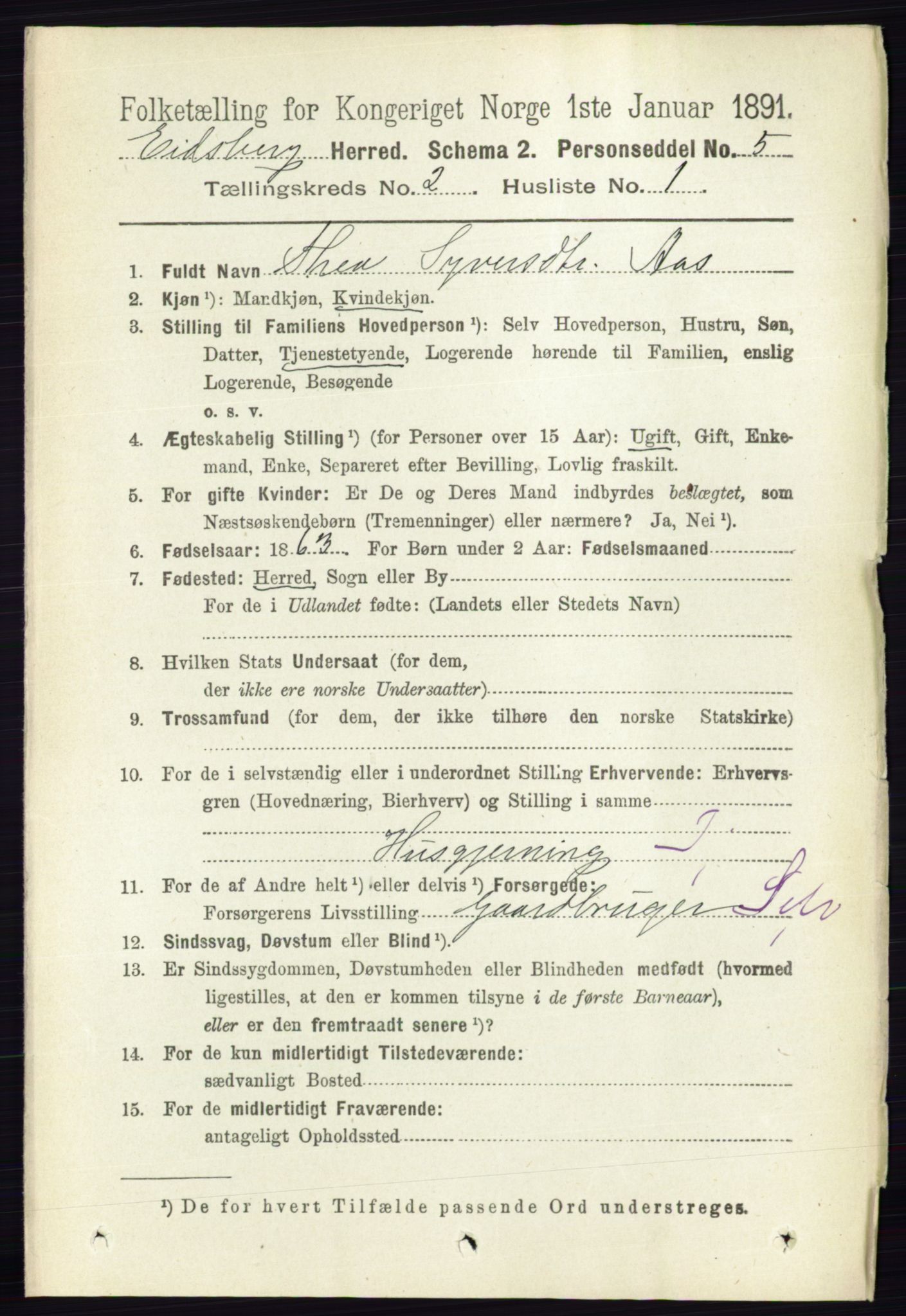 RA, 1891 census for 0125 Eidsberg, 1891, p. 842