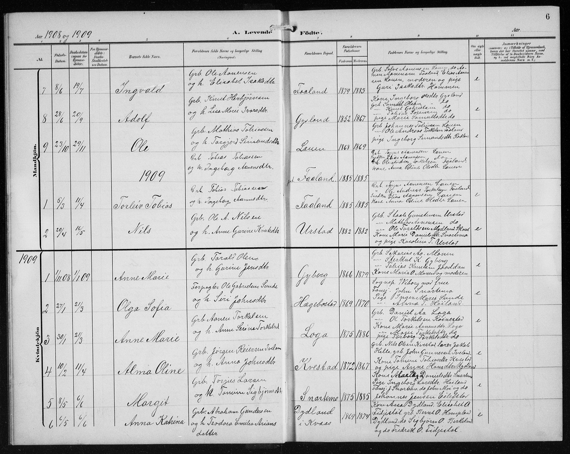 Hægebostad sokneprestkontor, SAK/1111-0024/F/Fb/Fba/L0005: Parish register (copy) no. B 5, 1907-1931, p. 6