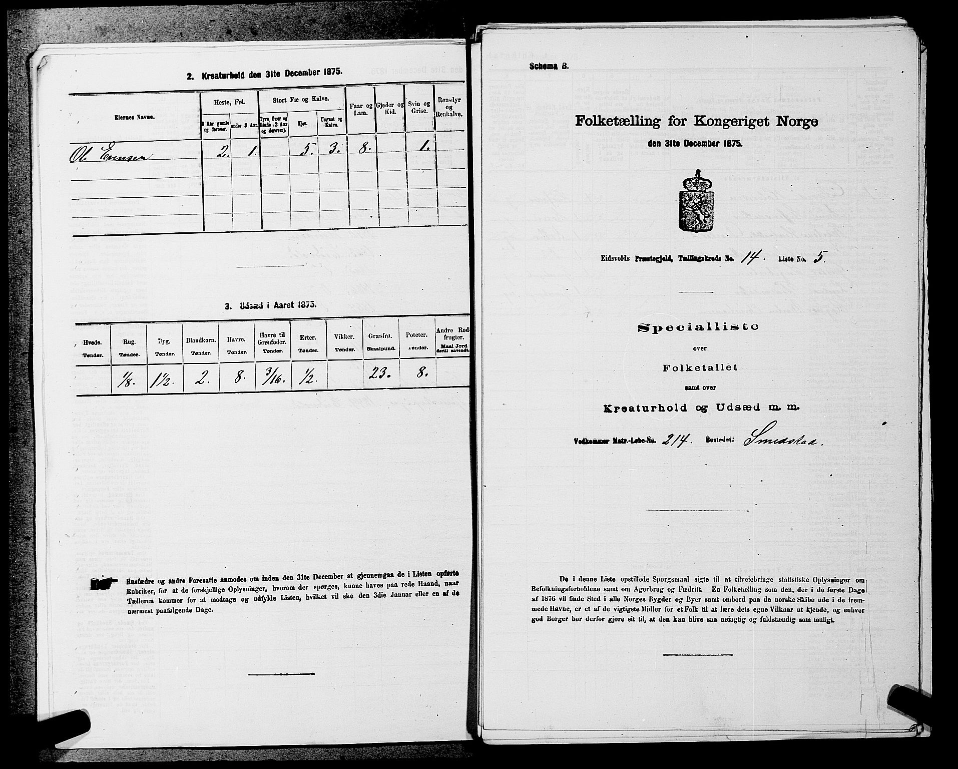 RA, 1875 census for 0237P Eidsvoll, 1875, p. 2296