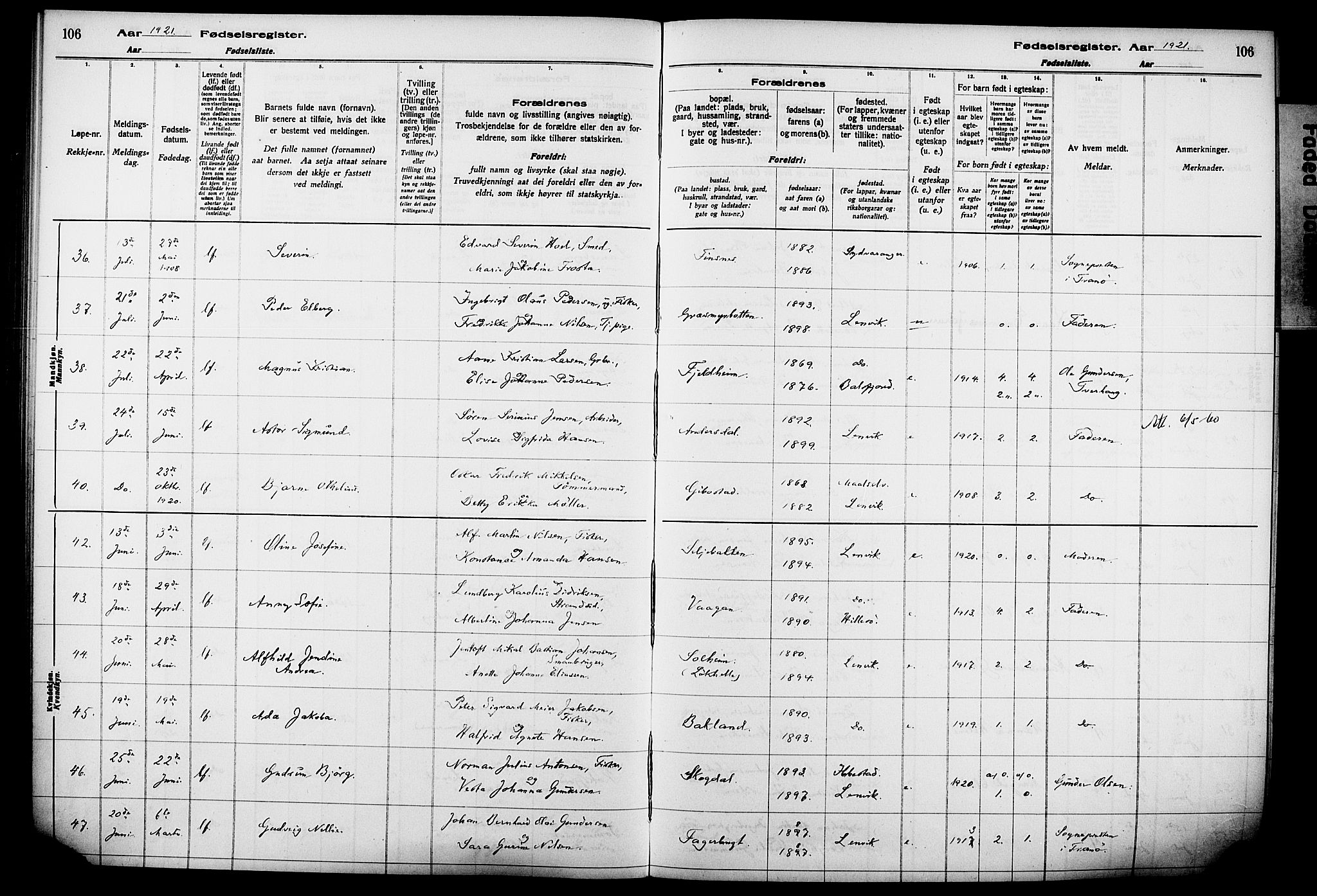 Lenvik sokneprestembete, AV/SATØ-S-1310/I/Ic/L0089: Birth register no. 89, 1916-1926, p. 106