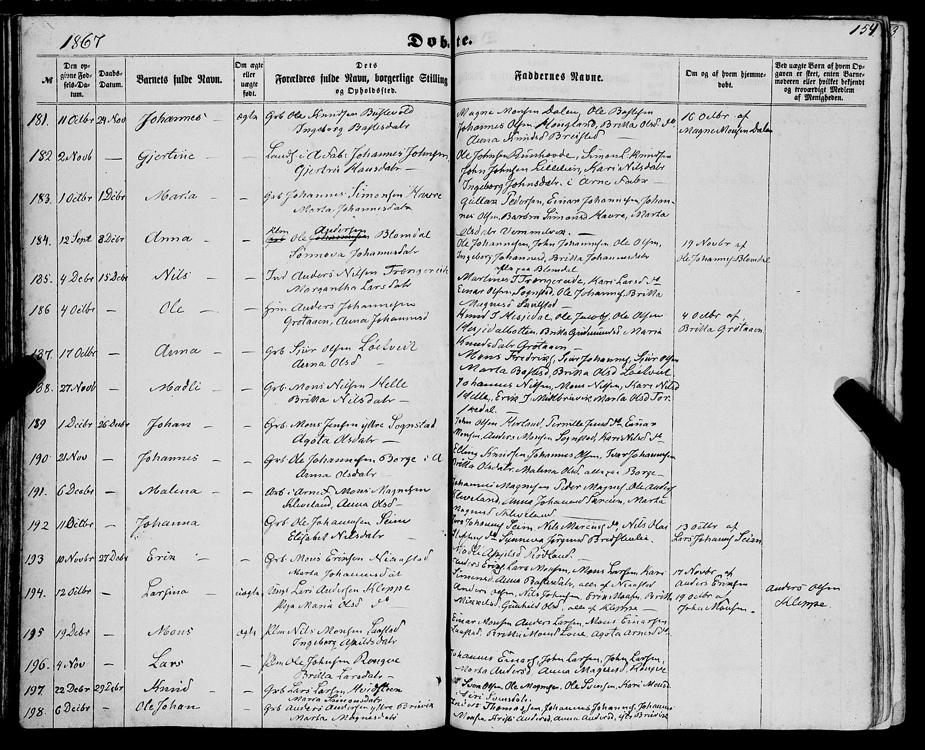 Haus sokneprestembete, AV/SAB-A-75601/H/Haa: Parish register (official) no. A 17, 1858-1870, p. 154