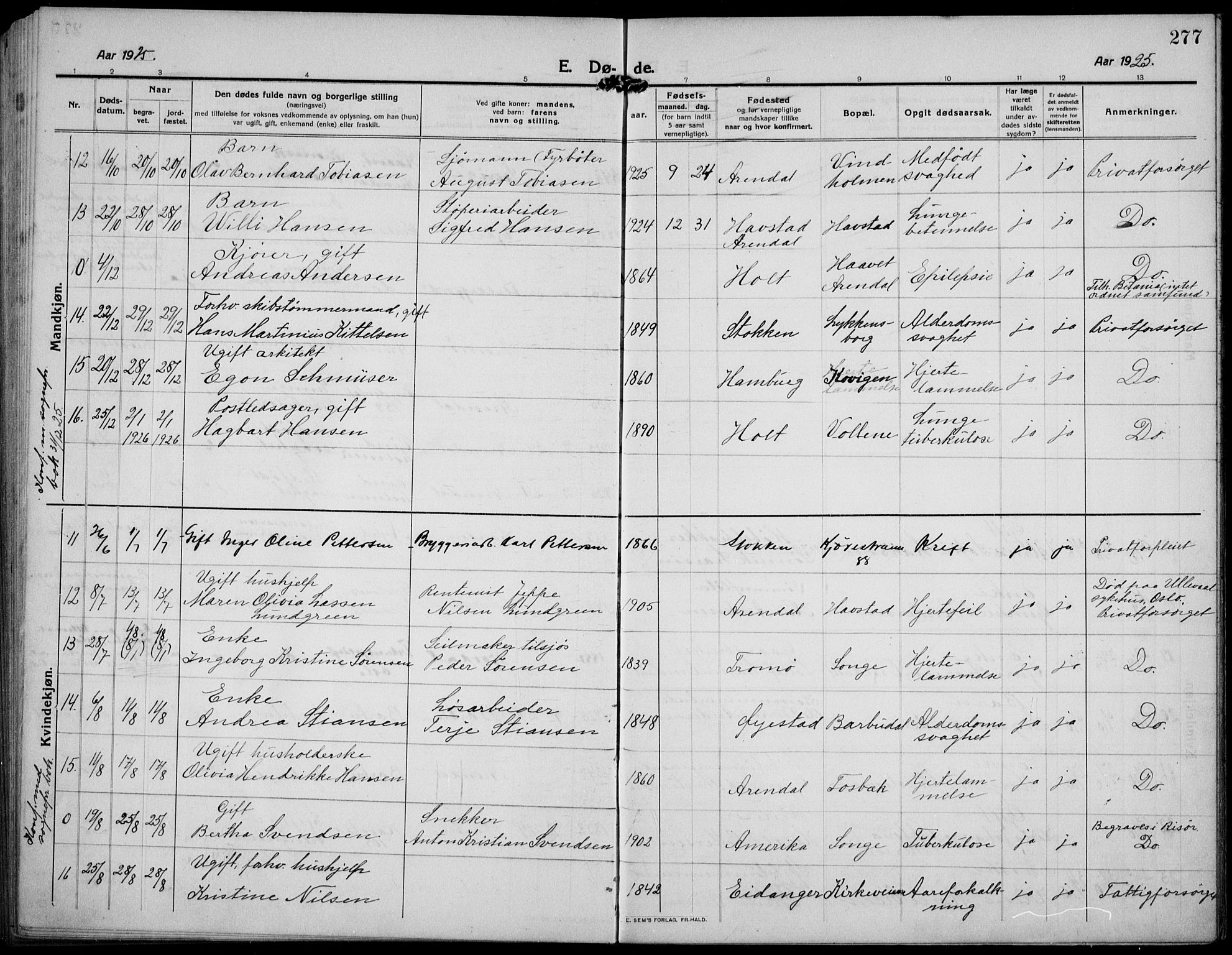 Barbu sokneprestkontor, AV/SAK-1111-0003/F/Fb/L0004: Parish register (copy) no. B 4, 1911-1936, p. 277