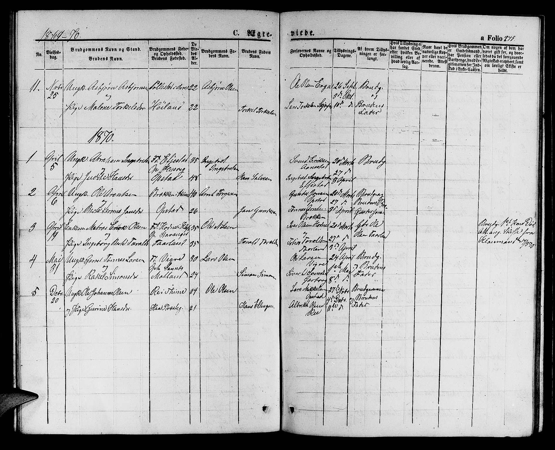 Hå sokneprestkontor, AV/SAST-A-101801/001/30BB/L0001: Parish register (copy) no. B 1, 1854-1883, p. 275