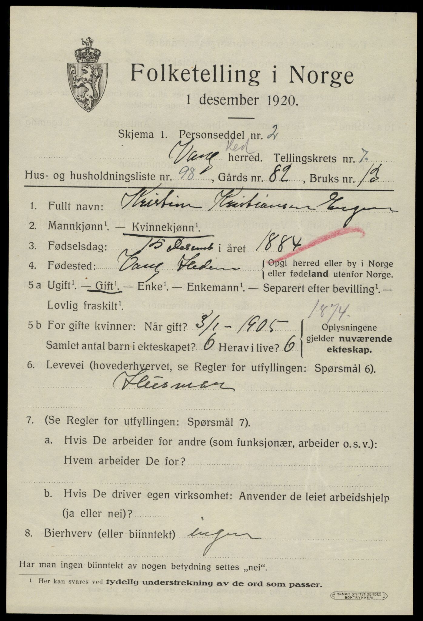 SAH, 1920 census for Vang (Hedmark), 1920, p. 17005