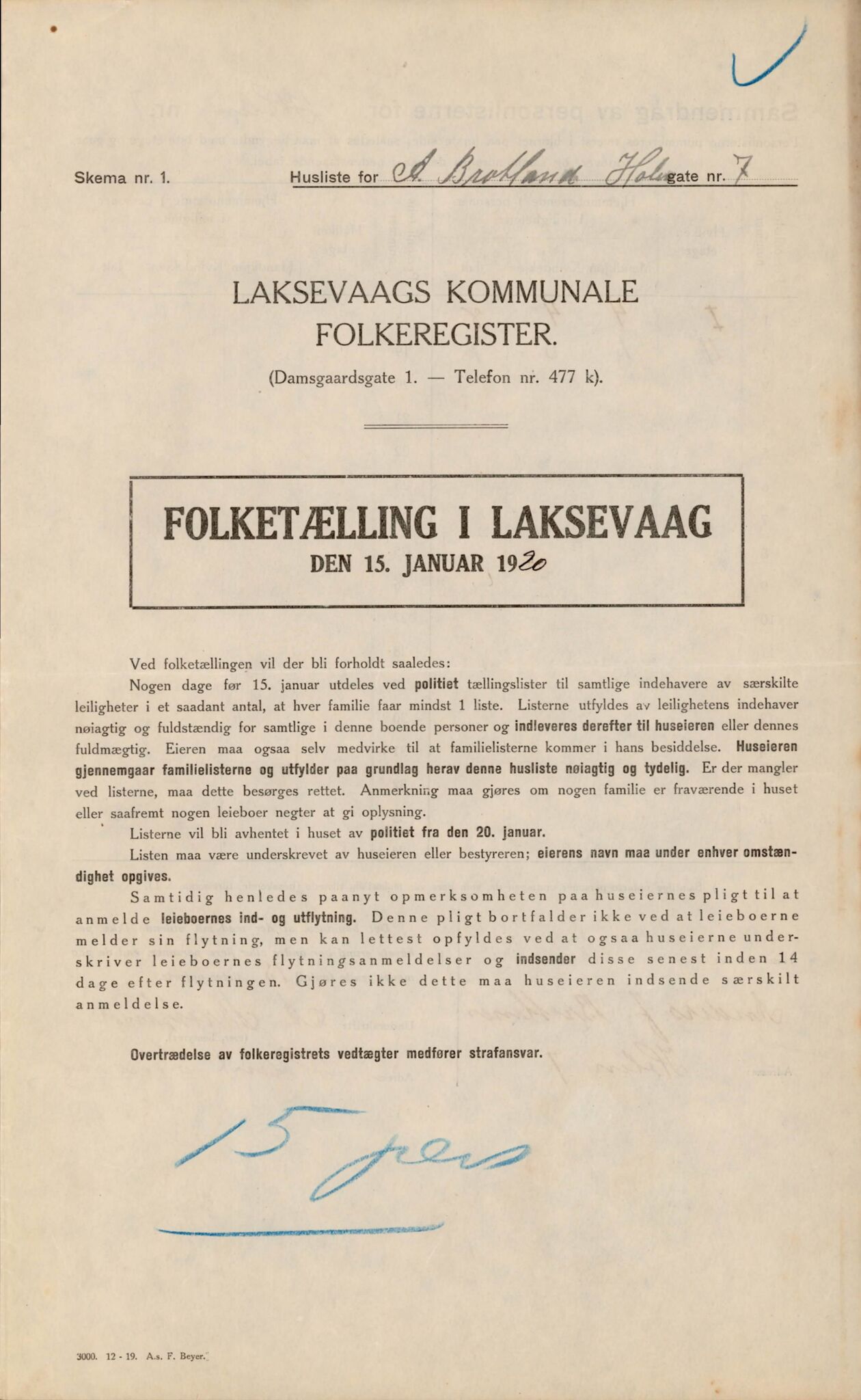 Laksevåg kommune. Folkeregisteret, BBA/A-1586/E/Ea/L0003: Folketellingskjema 1920, 1920