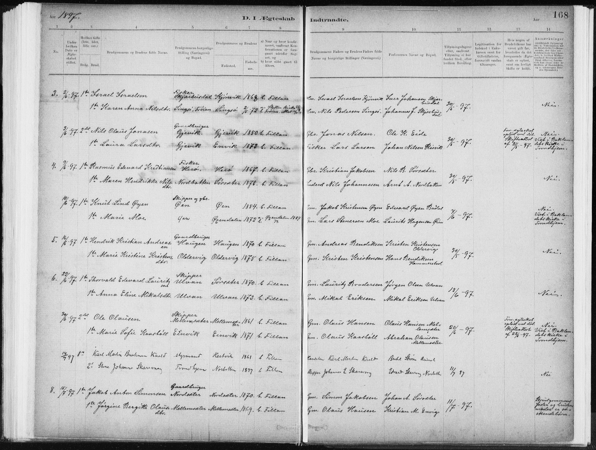 Ministerialprotokoller, klokkerbøker og fødselsregistre - Sør-Trøndelag, SAT/A-1456/637/L0558: Parish register (official) no. 637A01, 1882-1899, p. 168