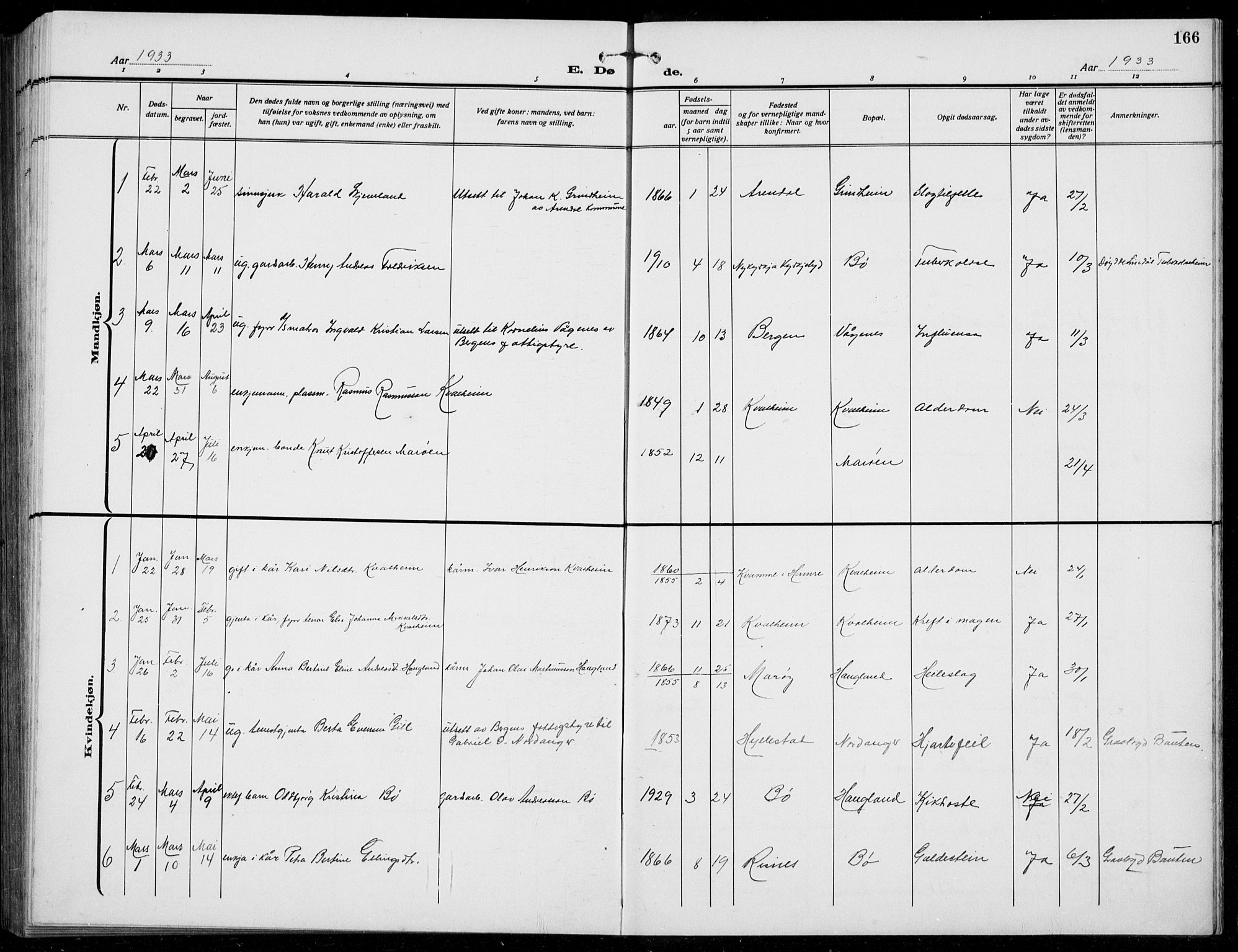 Manger sokneprestembete, SAB/A-76801/H/Hab: Parish register (copy) no. B  5, 1922-1938, p. 166