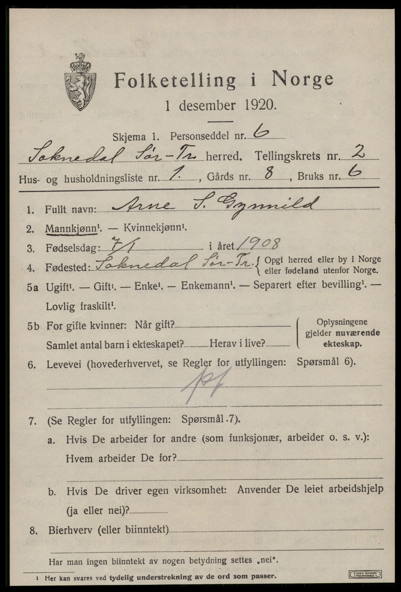 SAT, 1920 census for Soknedal, 1920, p. 1222