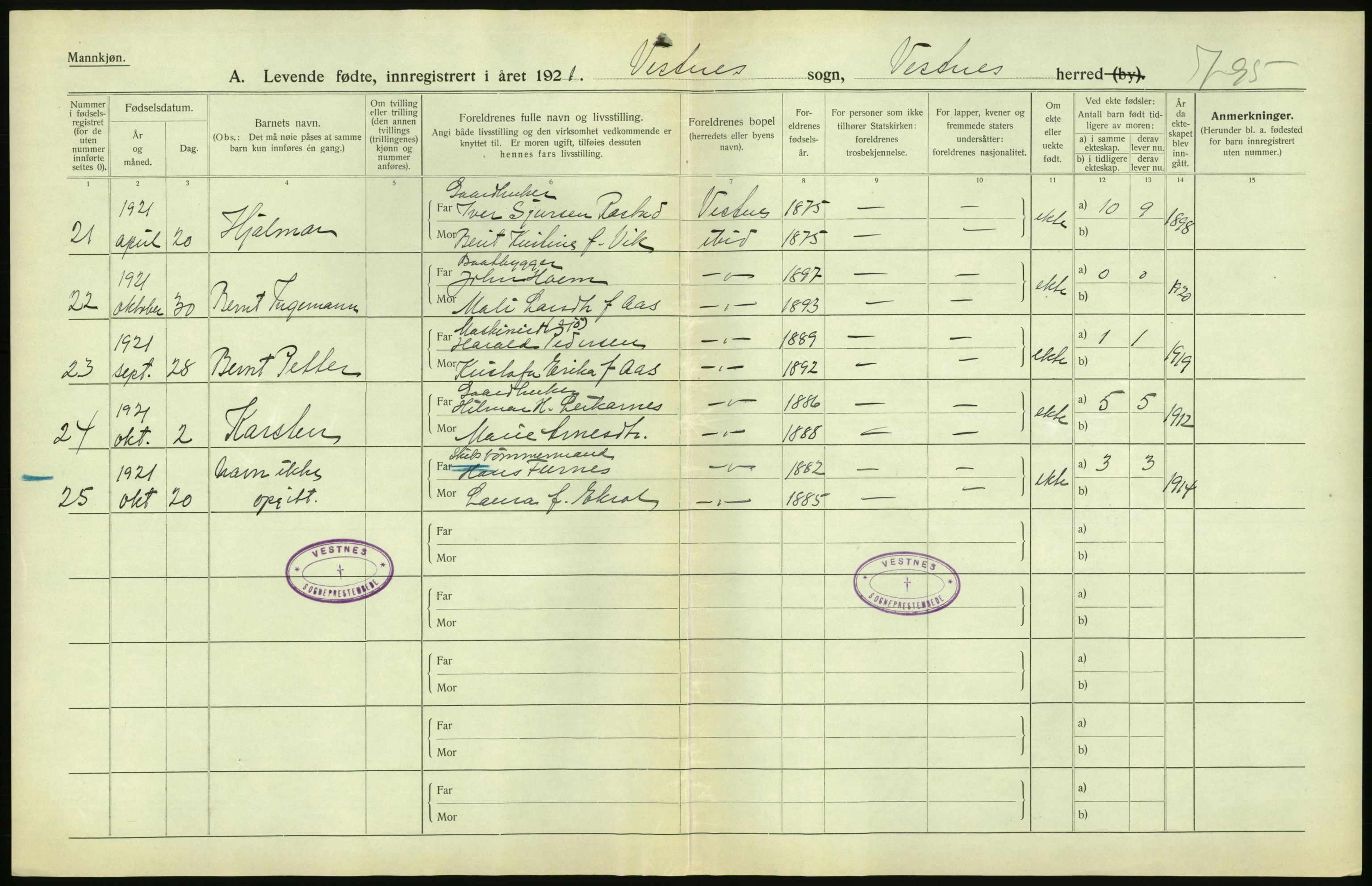 Statistisk sentralbyrå, Sosiodemografiske emner, Befolkning, RA/S-2228/D/Df/Dfc/Dfca/L0040: Møre fylke: Levendefødte menn og kvinner. Bygder., 1921, p. 336