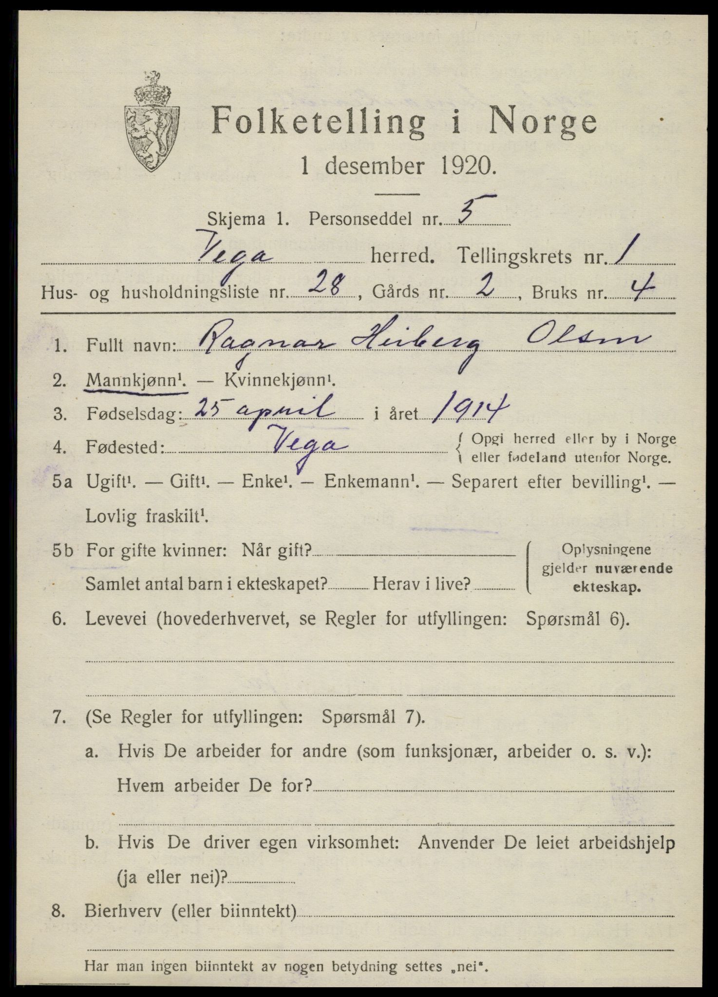 SAT, 1920 census for Vega, 1920, p. 1255