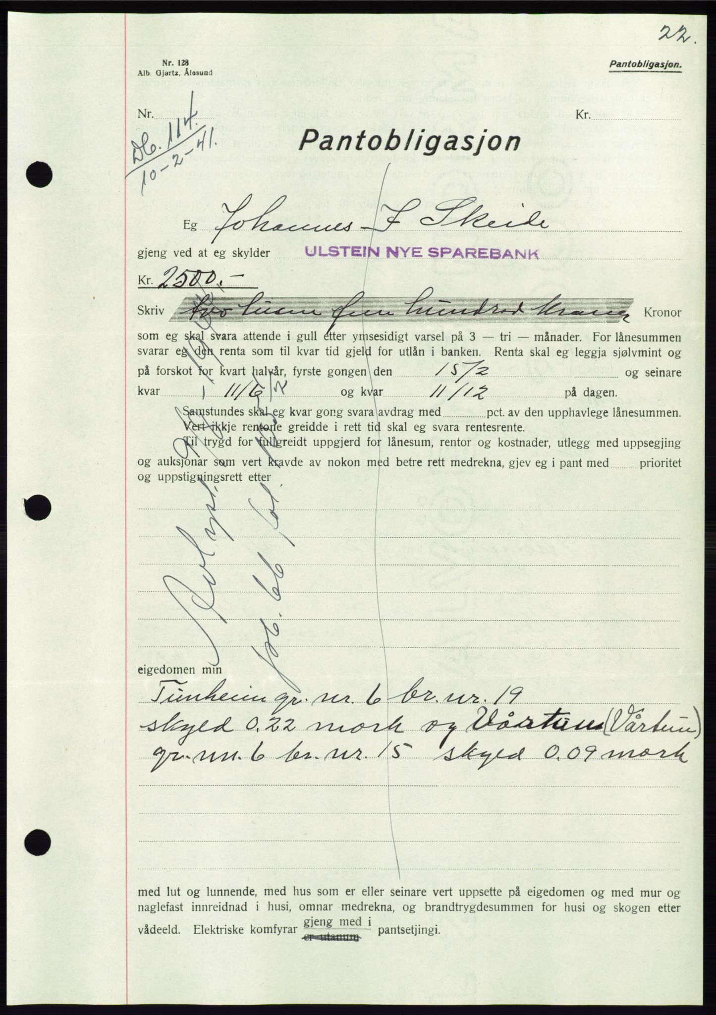 Søre Sunnmøre sorenskriveri, AV/SAT-A-4122/1/2/2C/L0071: Mortgage book no. 65, 1941-1941, Diary no: : 114/1941