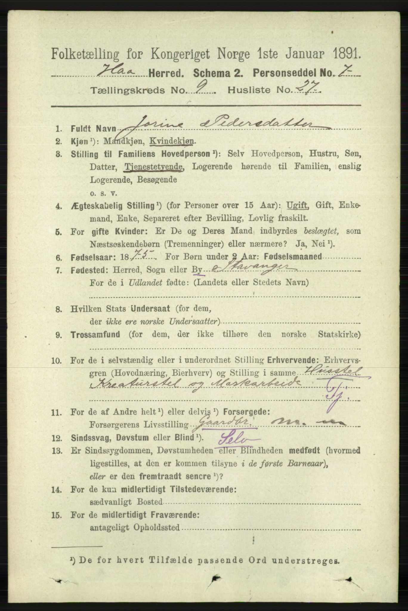 RA, 1891 census for 1119 Hå, 1891, p. 2369