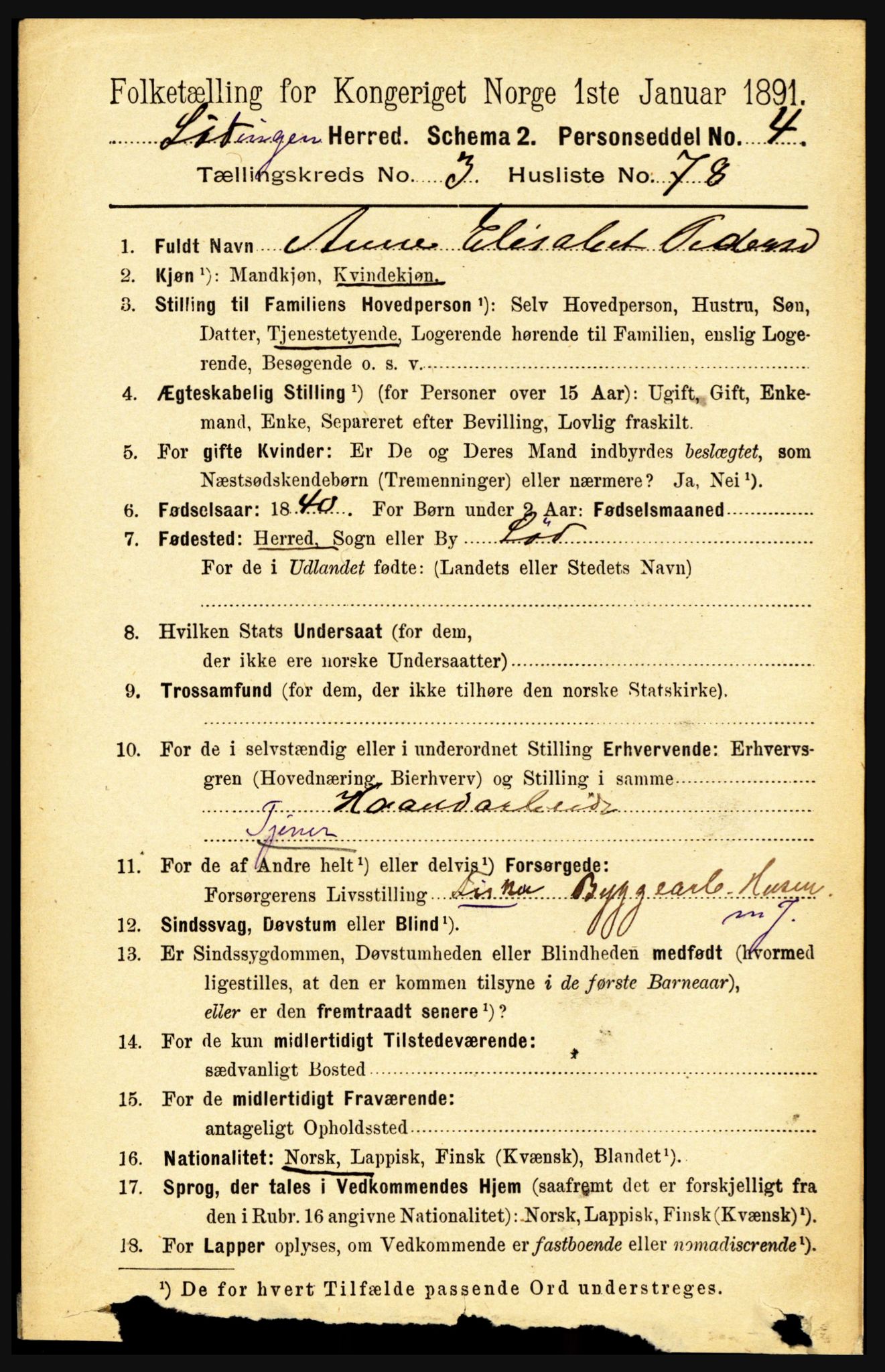 RA, 1891 census for 1851 Lødingen, 1891, p. 1873