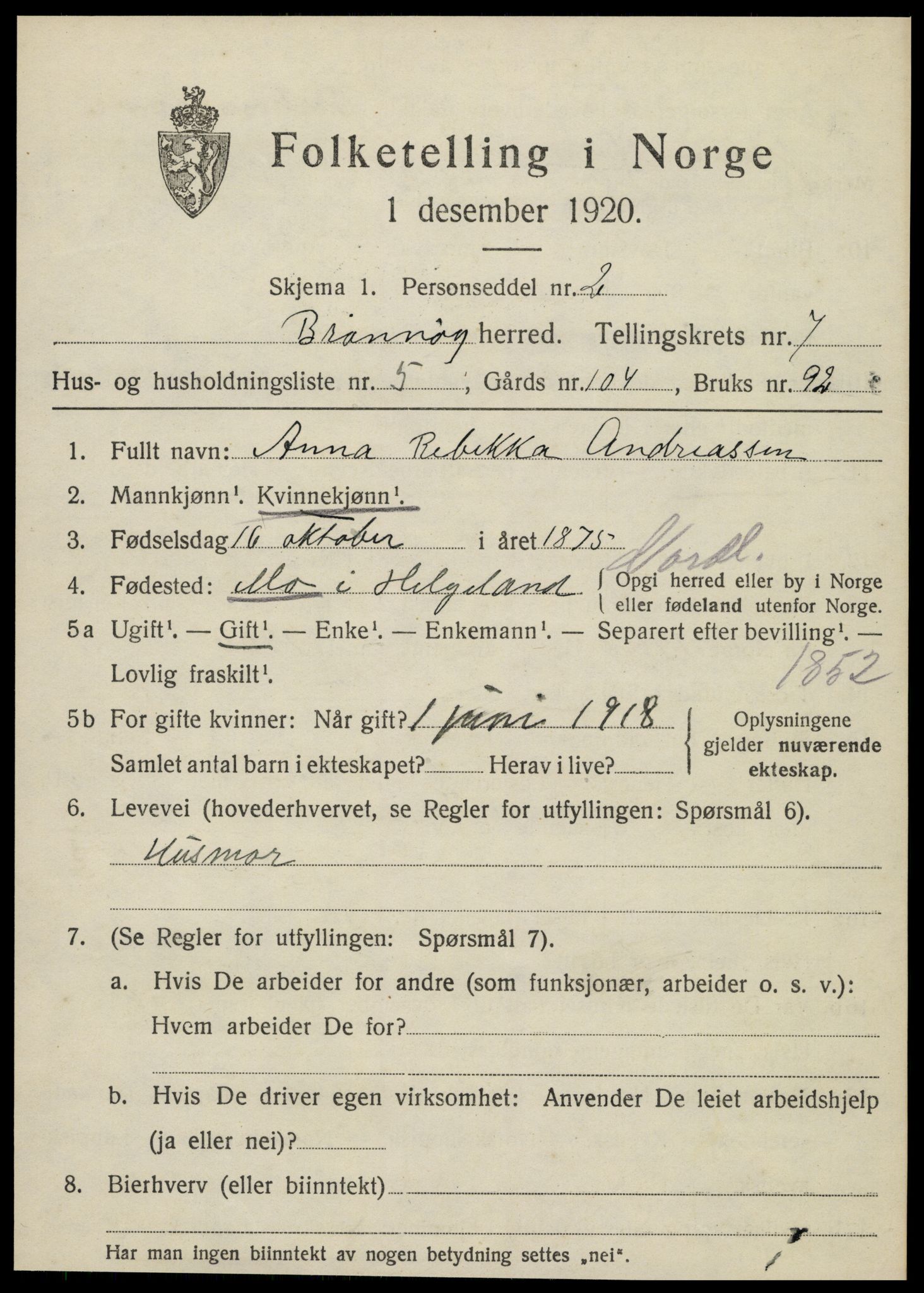 SAT, 1920 census for Brønnøy, 1920, p. 5110