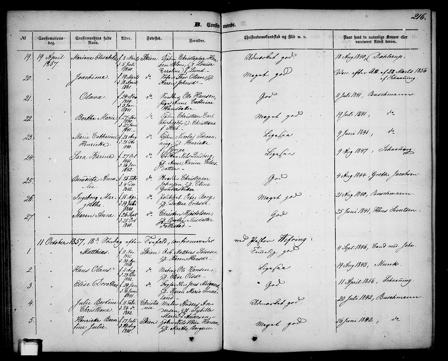 Skien kirkebøker, AV/SAKO-A-302/G/Ga/L0004: Parish register (copy) no. 4, 1843-1867, p. 216