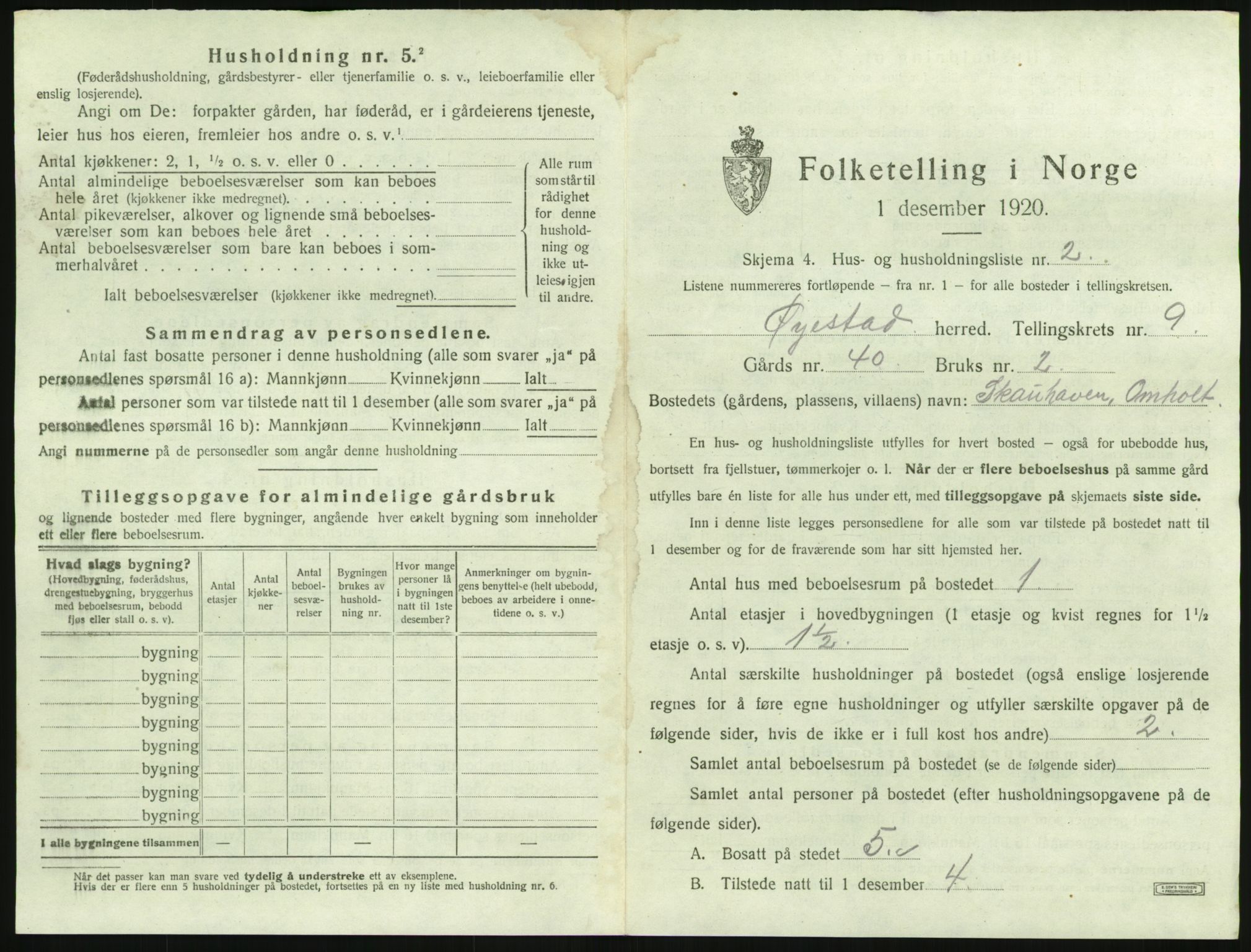 SAK, 1920 census for Øyestad, 1920, p. 886