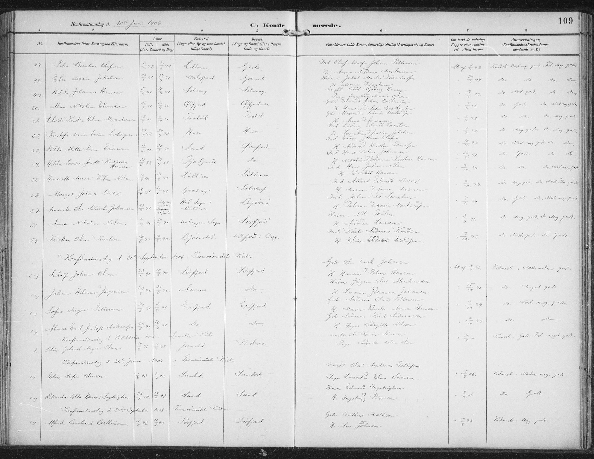 Lenvik sokneprestembete, AV/SATØ-S-1310/H/Ha/Haa/L0015kirke: Parish register (official) no. 15, 1896-1915, p. 109