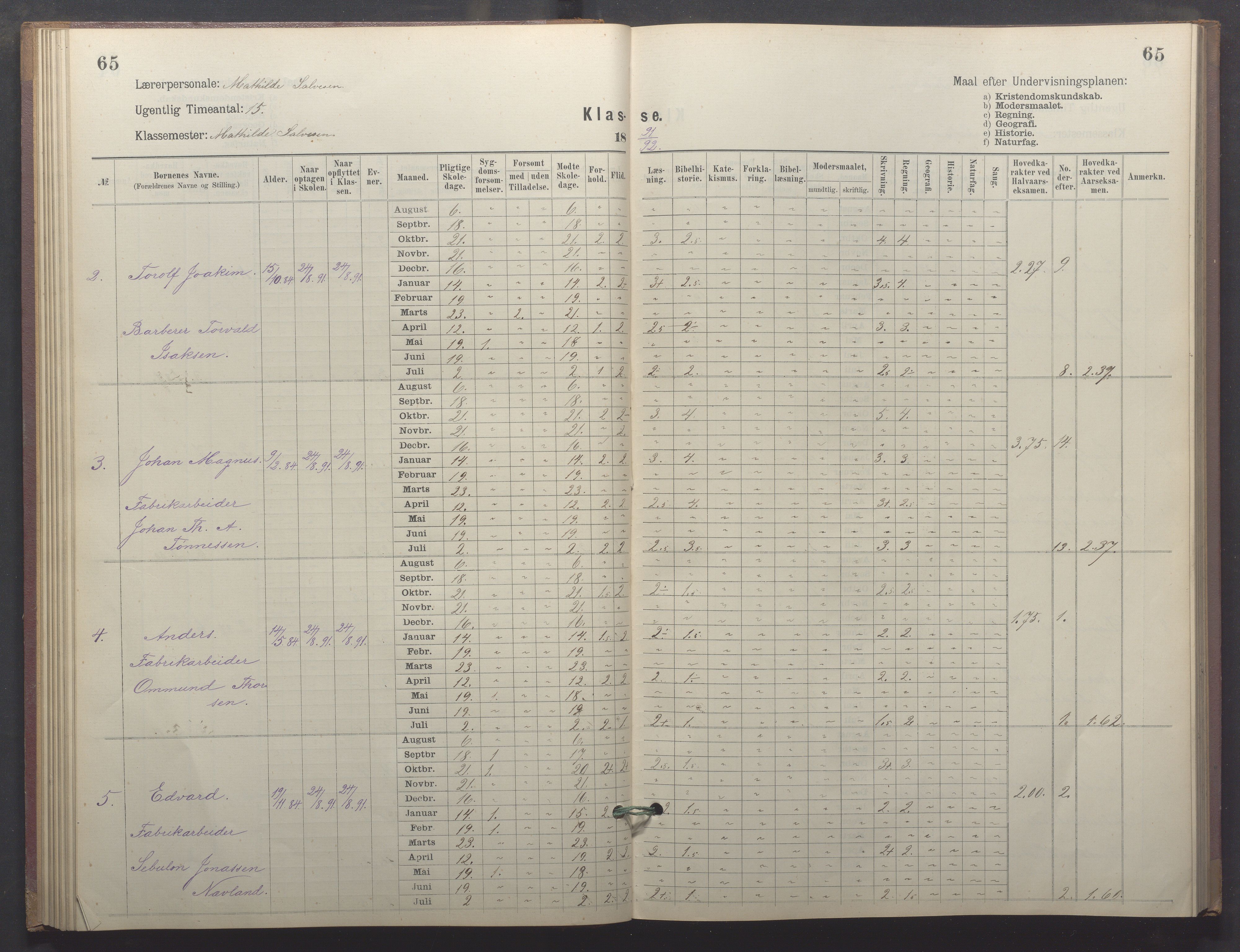 Egersund kommune (Ladested) - Egersund almueskole/folkeskole, IKAR/K-100521/H/L0026: Skoleprotokoll - Almueskolen, 1. klasse, 1889-1893, p. 65