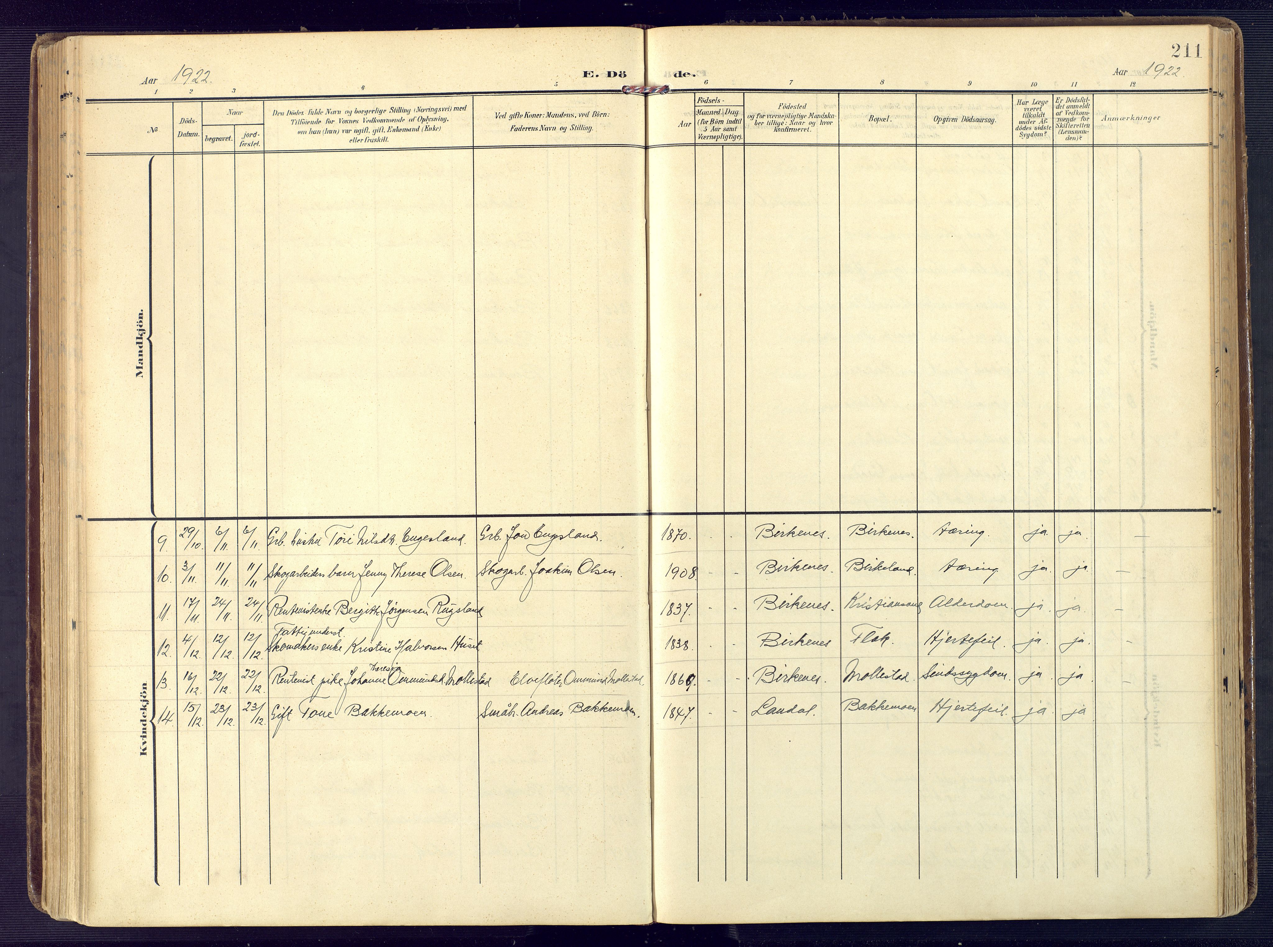 Birkenes sokneprestkontor, SAK/1111-0004/F/Fa/L0006: Parish register (official) no. A 6, 1908-1932, p. 211