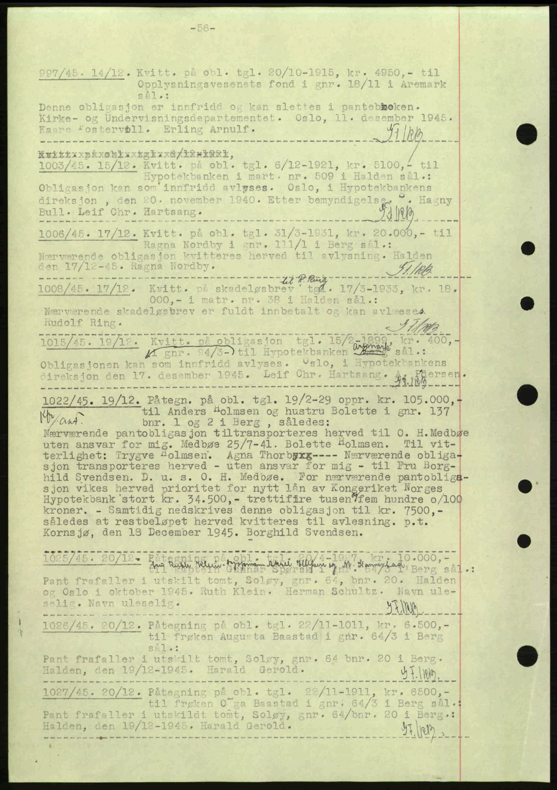 Idd og Marker sorenskriveri, AV/SAO-A-10283/G/Gb/Gbc/L0002: Mortgage book no. B4-9a, 1939-1945, Diary no: : 997/1945