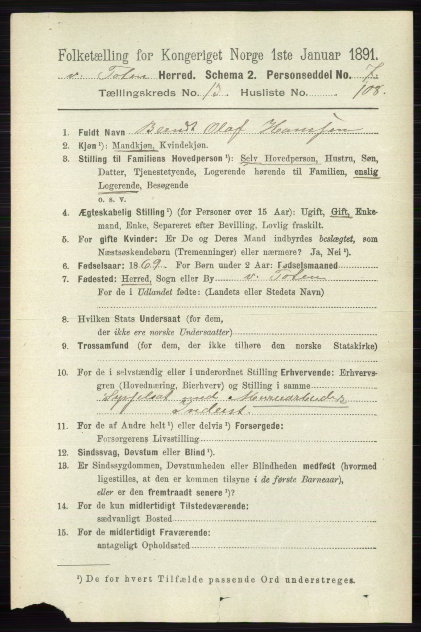 RA, 1891 census for 0529 Vestre Toten, 1891, p. 8404