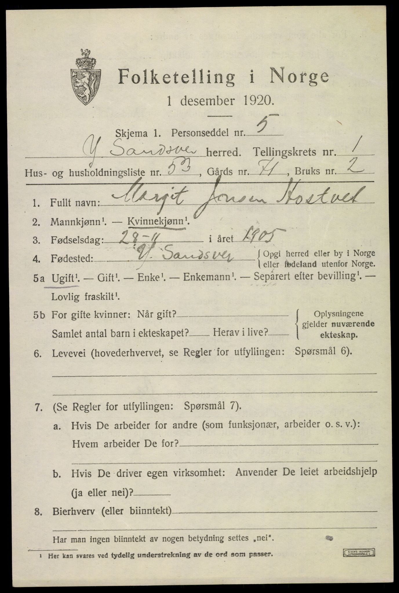 SAKO, 1920 census for Ytre Sandsvær, 1920, p. 1714