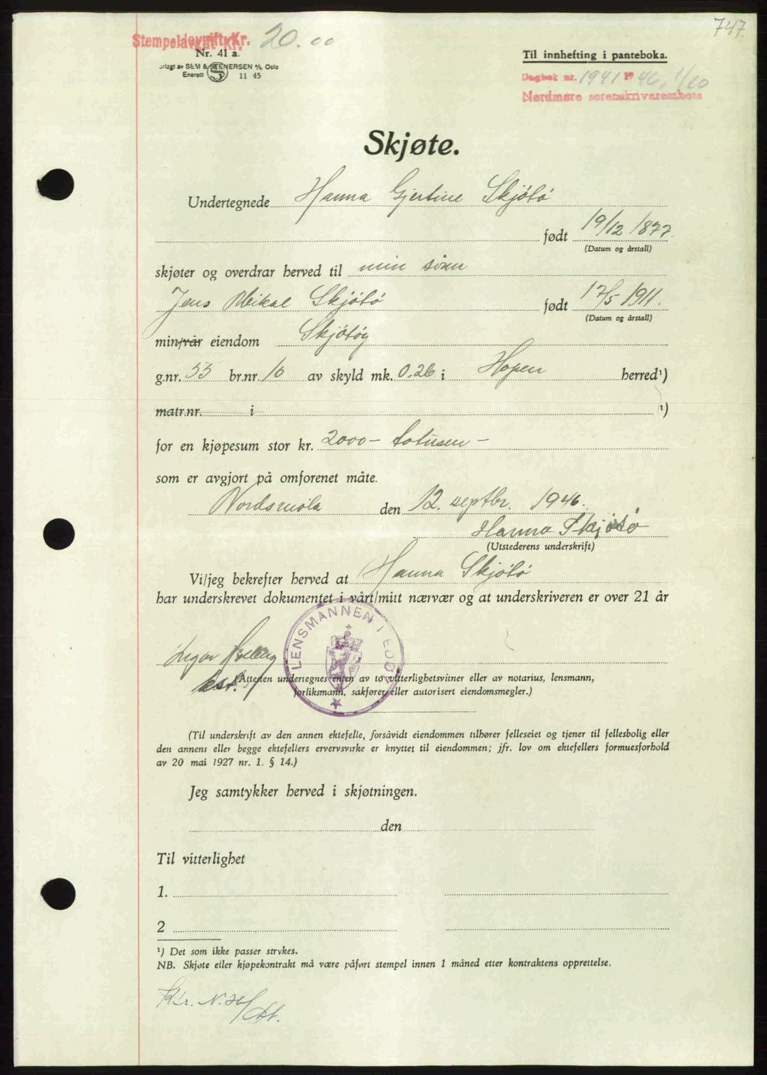 Nordmøre sorenskriveri, AV/SAT-A-4132/1/2/2Ca: Mortgage book no. A102, 1946-1946, Diary no: : 1941/1946