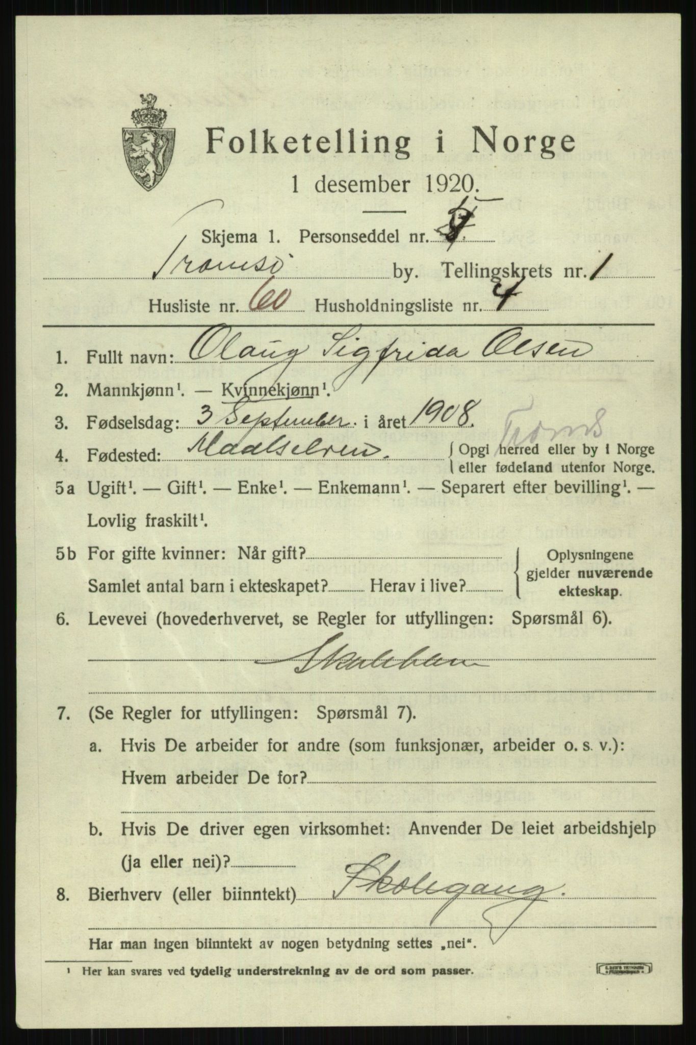 SATØ, 1920 census for Tromsø, 1920, p. 8053