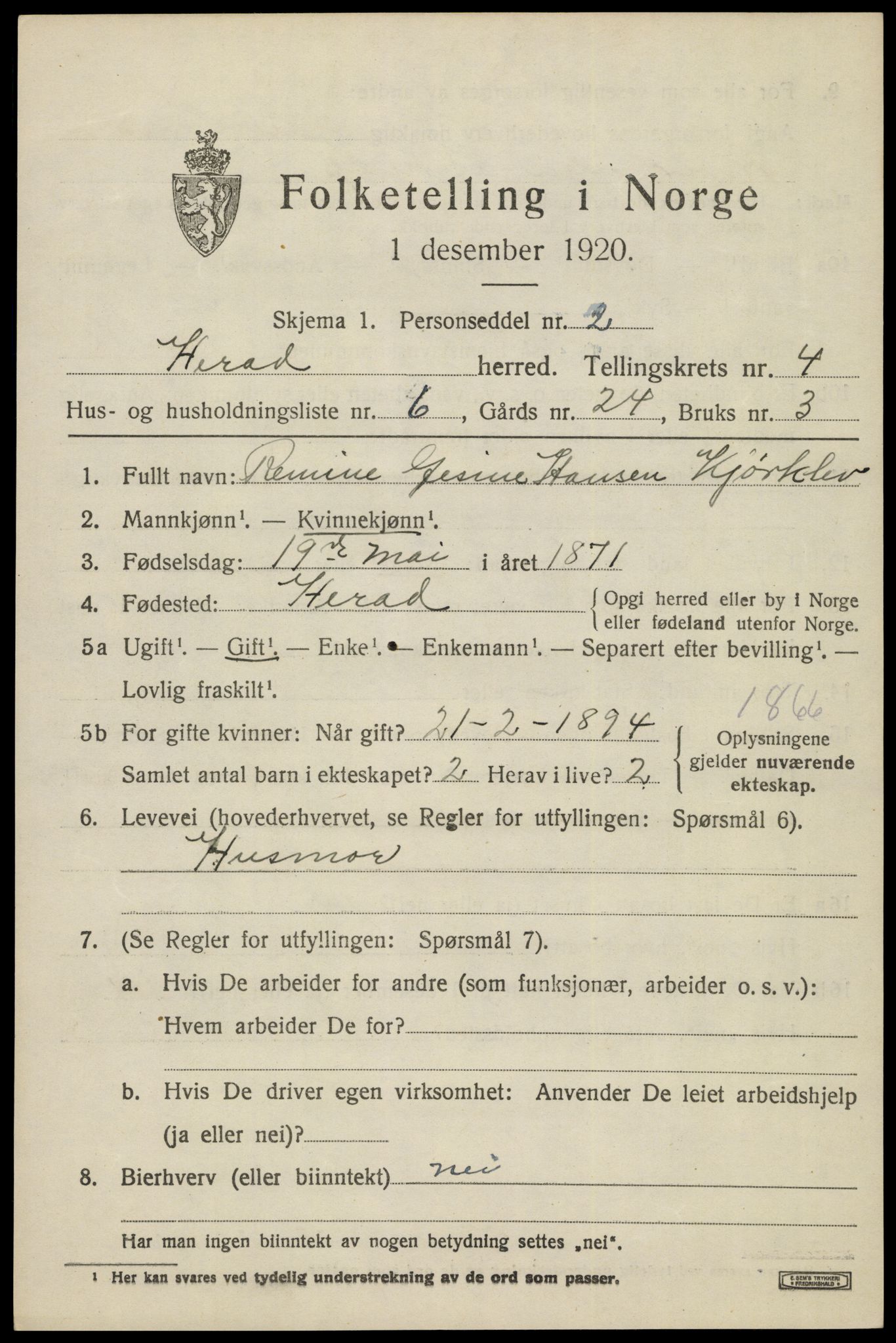 SAK, 1920 census for Herad, 1920, p. 1780