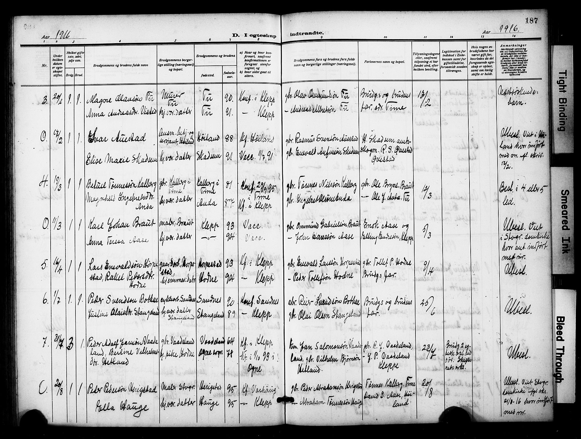 Klepp sokneprestkontor, AV/SAST-A-101803/001/3/30BB/L0007: Parish register (copy) no. B 7, 1908-1934, p. 187