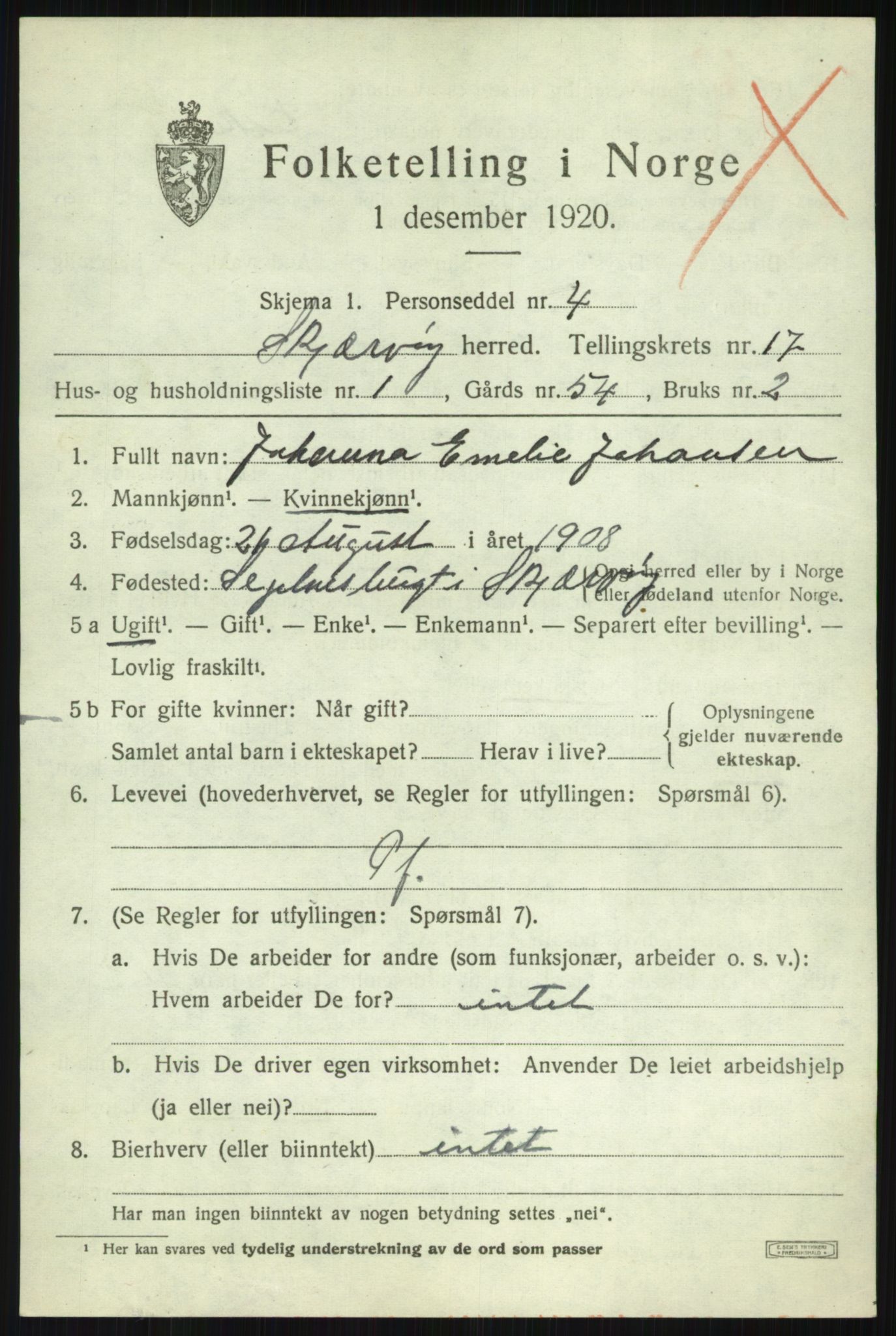 SATØ, 1920 census for Skjervøy, 1920, p. 8397