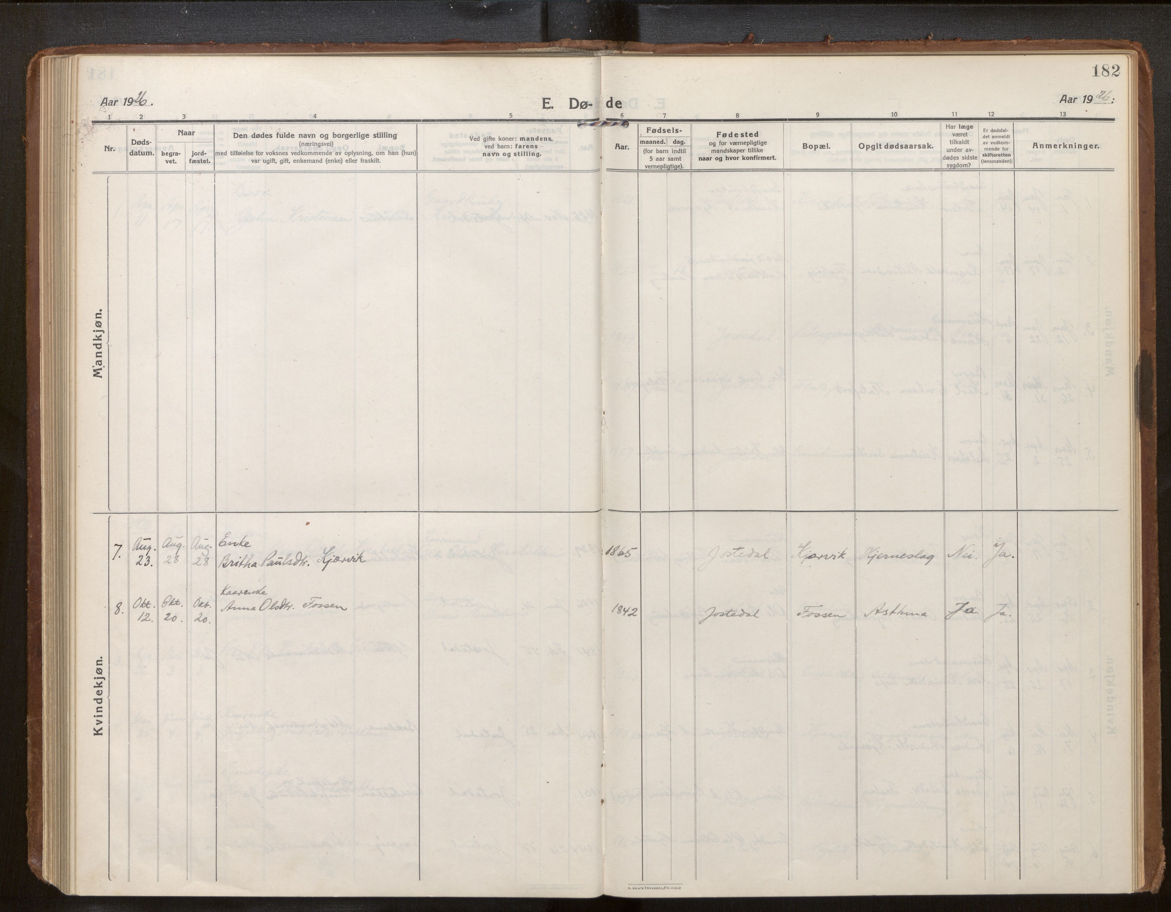 Jostedal sokneprestembete, SAB/A-80601/H/Haa/Haab/L0002: Parish register (official) no. B 2, 1915-1931, p. 182