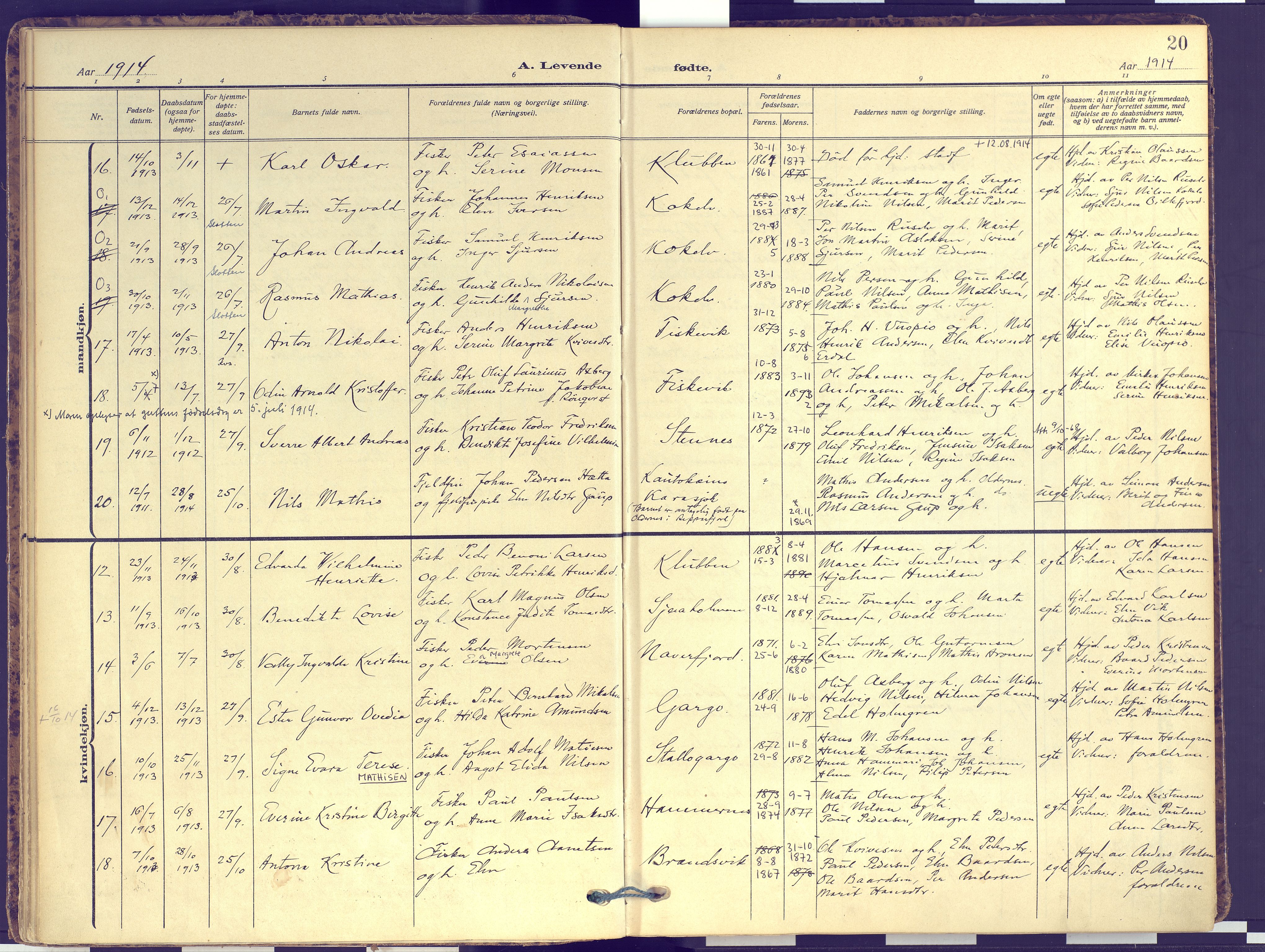 Hammerfest sokneprestkontor, SATØ/S-1347: Parish register (official) no. 16, 1908-1923, p. 20