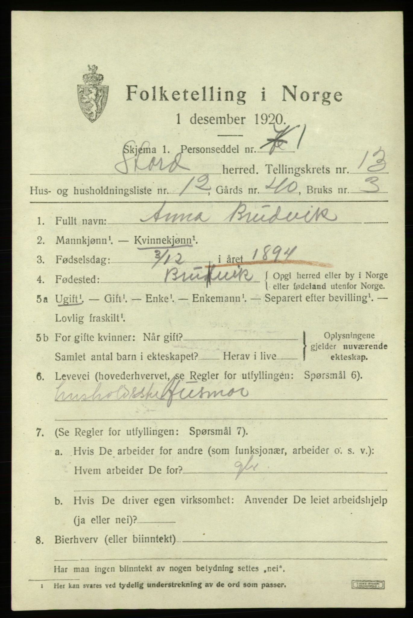 SAB, 1920 census for Stord, 1920, p. 7565