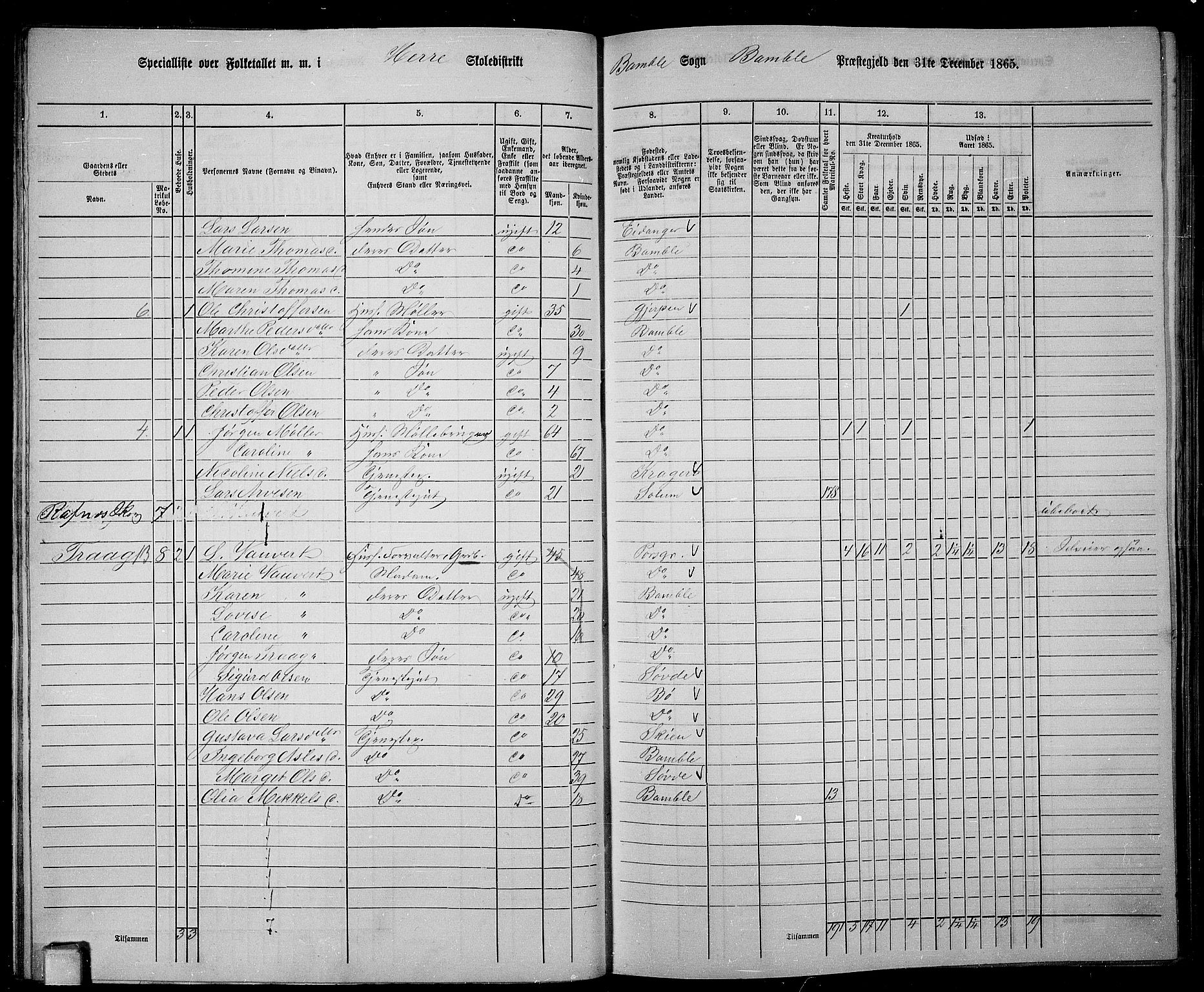 RA, 1865 census for Bamble, 1865, p. 42